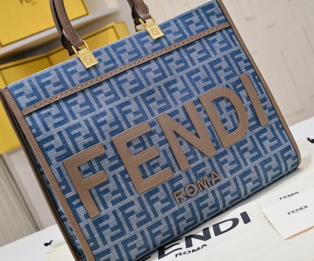 Sunshine Medium Tote Bag in Blue FF Jacquard Denim Effect