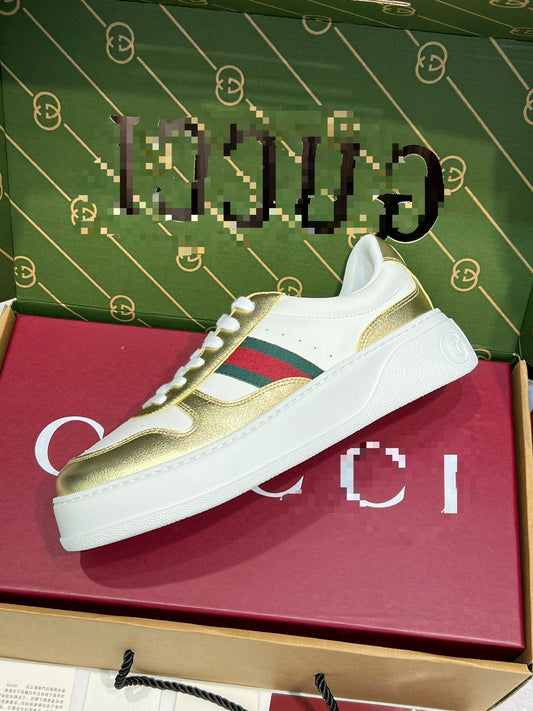 Leather Sneakers – White & Metallic Gold with Green/Red Web Stripe | Men’s Low-Top Luxury Sneakers