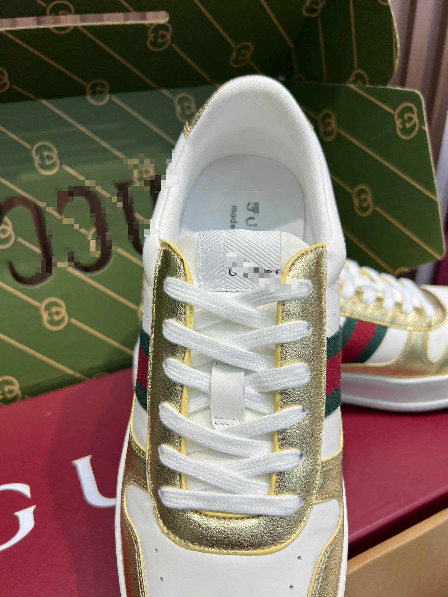 Leather Sneakers – White & Metallic Gold with Green/Red Web Stripe | Men’s Low-Top Luxury Sneakers