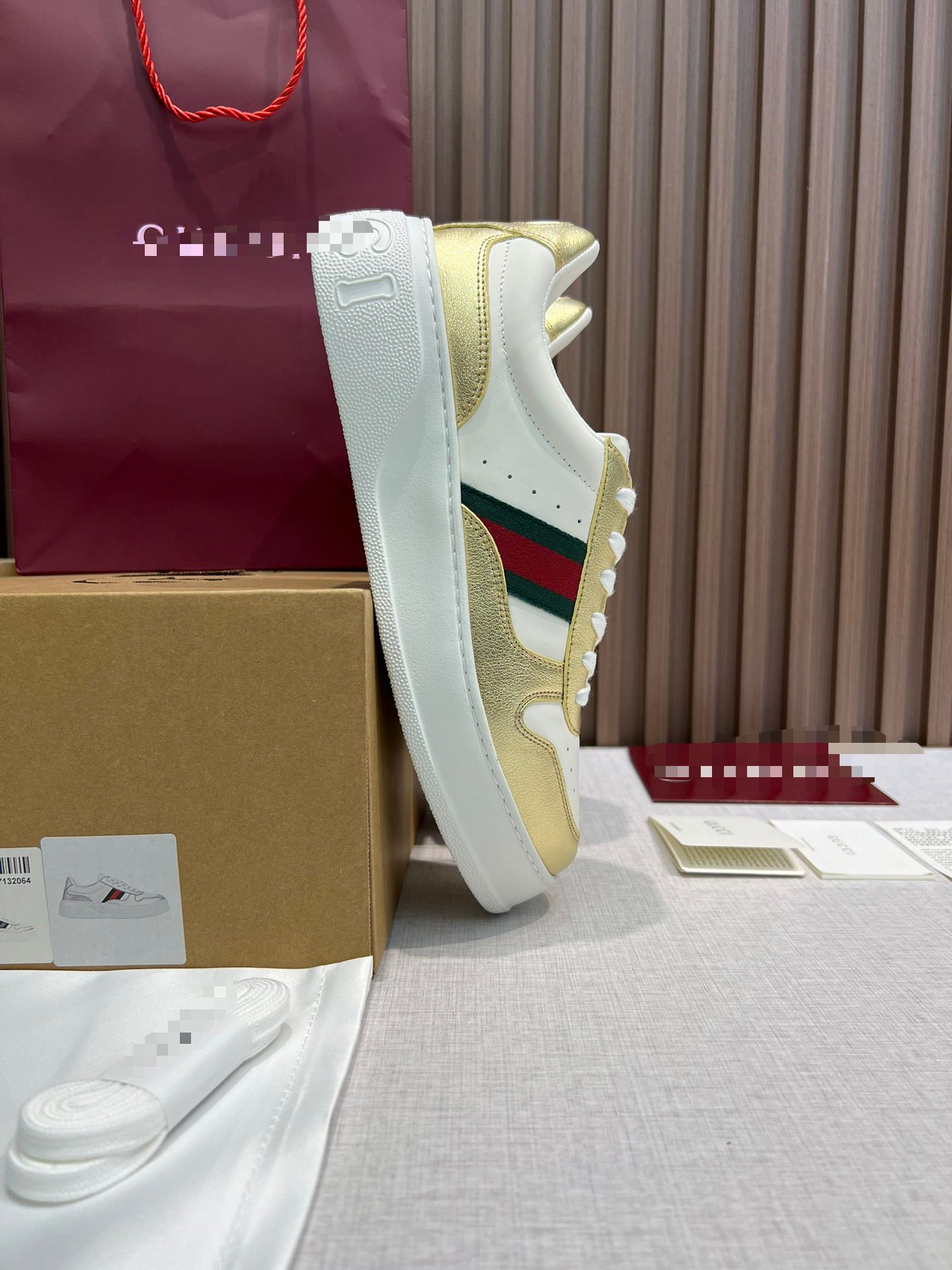 Leather Sneakers – White & Metallic Gold with Green/Red Web Stripe | Men’s Low-Top Luxury Sneakers