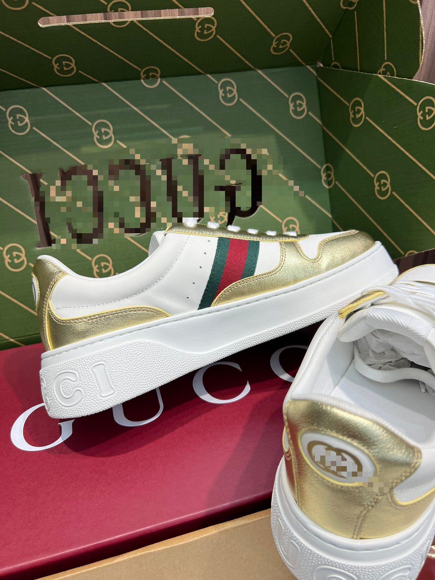 Leather Sneakers – White & Metallic Gold with Green/Red Web Stripe | Men’s Low-Top Luxury Sneakers
