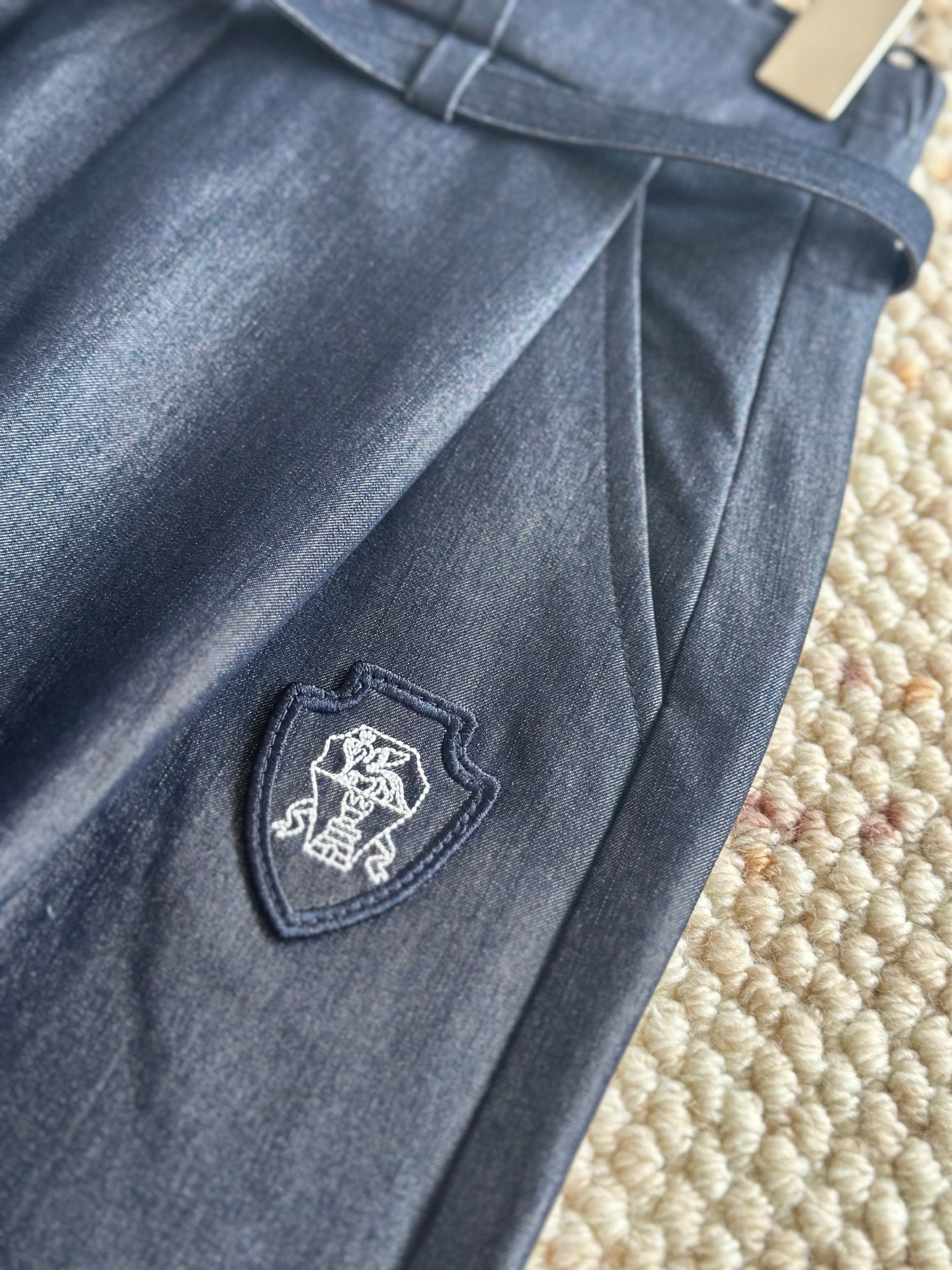 GG Crest Embroidered Belted Wide-Leg Denim Trousers – Midnight Blue Lightweight Chambray