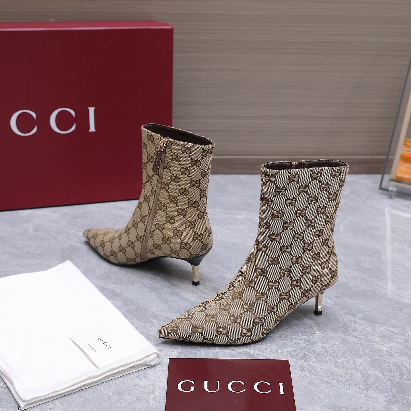 GG Canvas Ankle Boots – Classic Beige and Dark Brown Monogram Pointed-Toe Ankle Boots