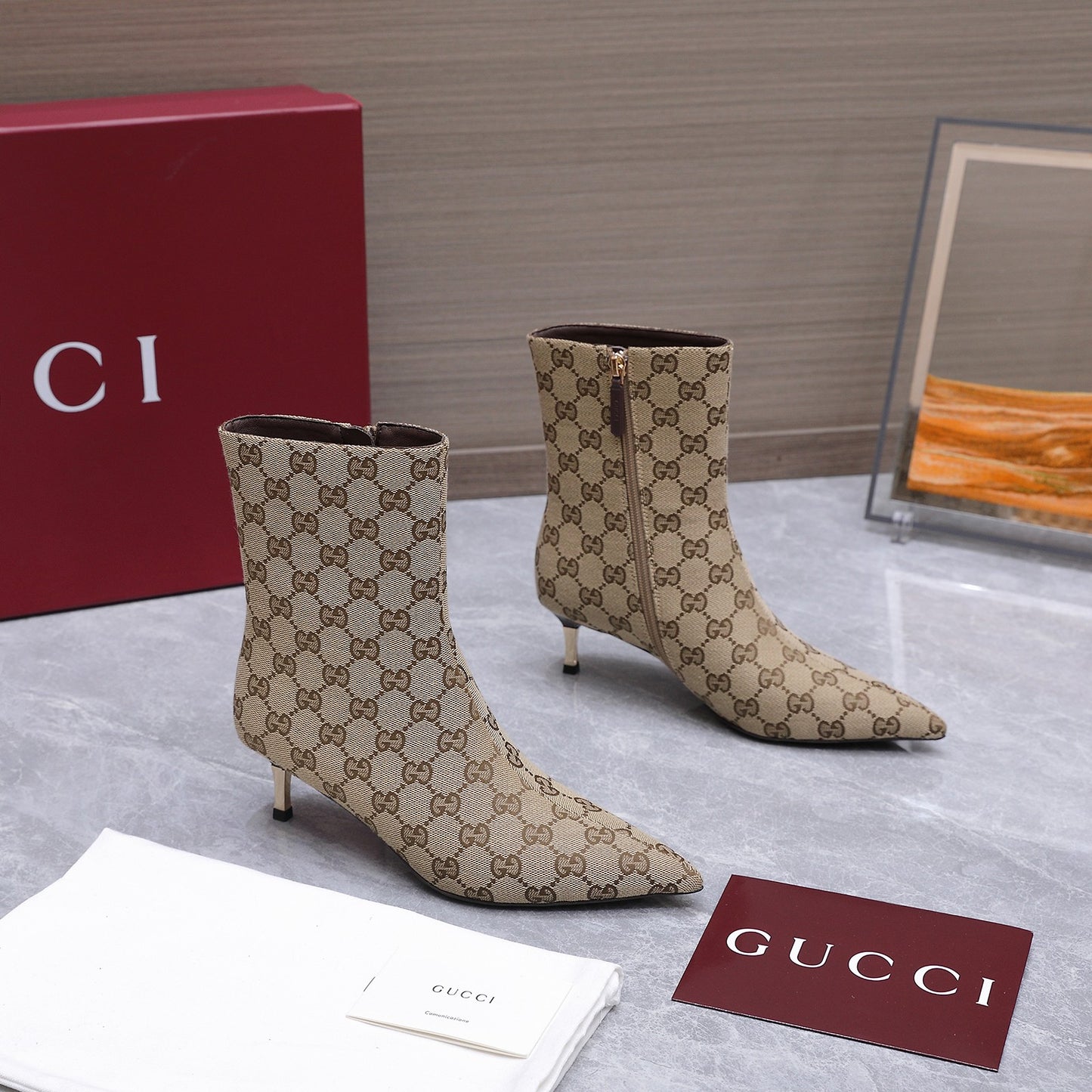 GG Canvas Ankle Boots – Classic Beige and Dark Brown Monogram Pointed-Toe Ankle Boots