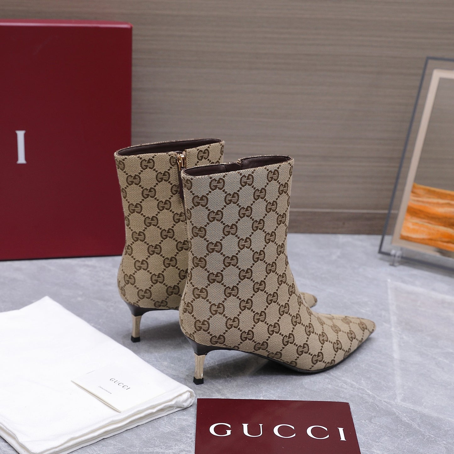 GG Canvas Ankle Boots – Classic Beige and Dark Brown Monogram Pointed-Toe Ankle Boots