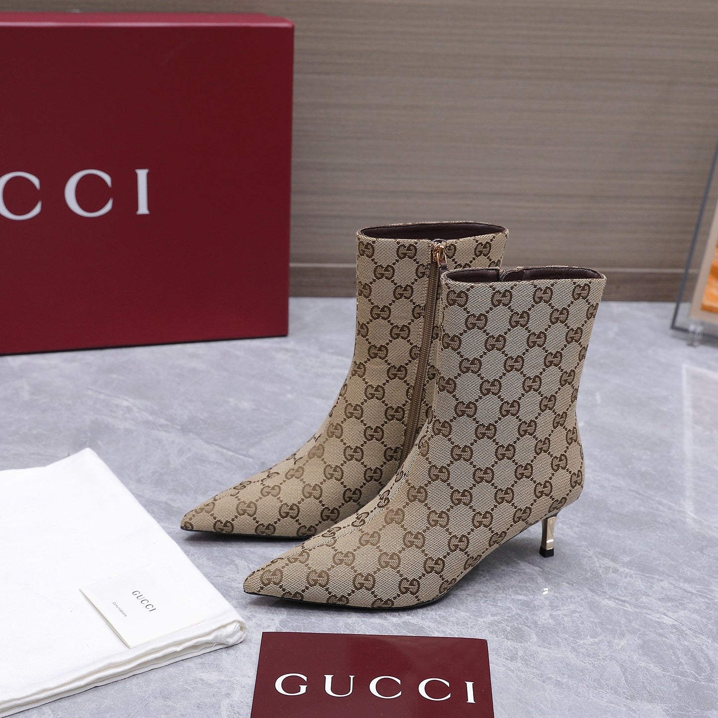 GG Canvas Ankle Boots – Classic Beige and Dark Brown Monogram Pointed-Toe Ankle Boots