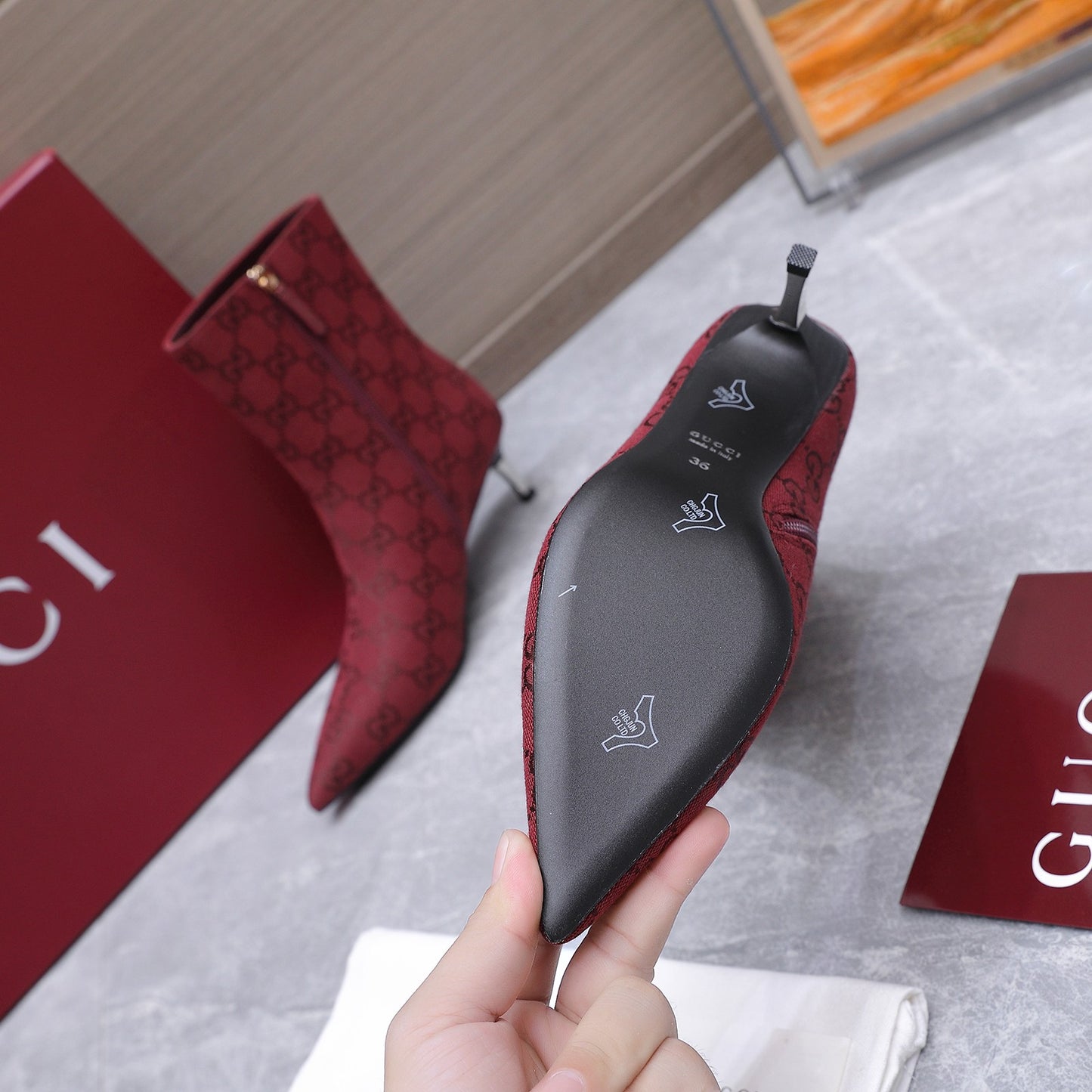GG Canvas Ankle Boots – Burgundy Red Monogram Canvas Pointed-Toe Ankle Boots