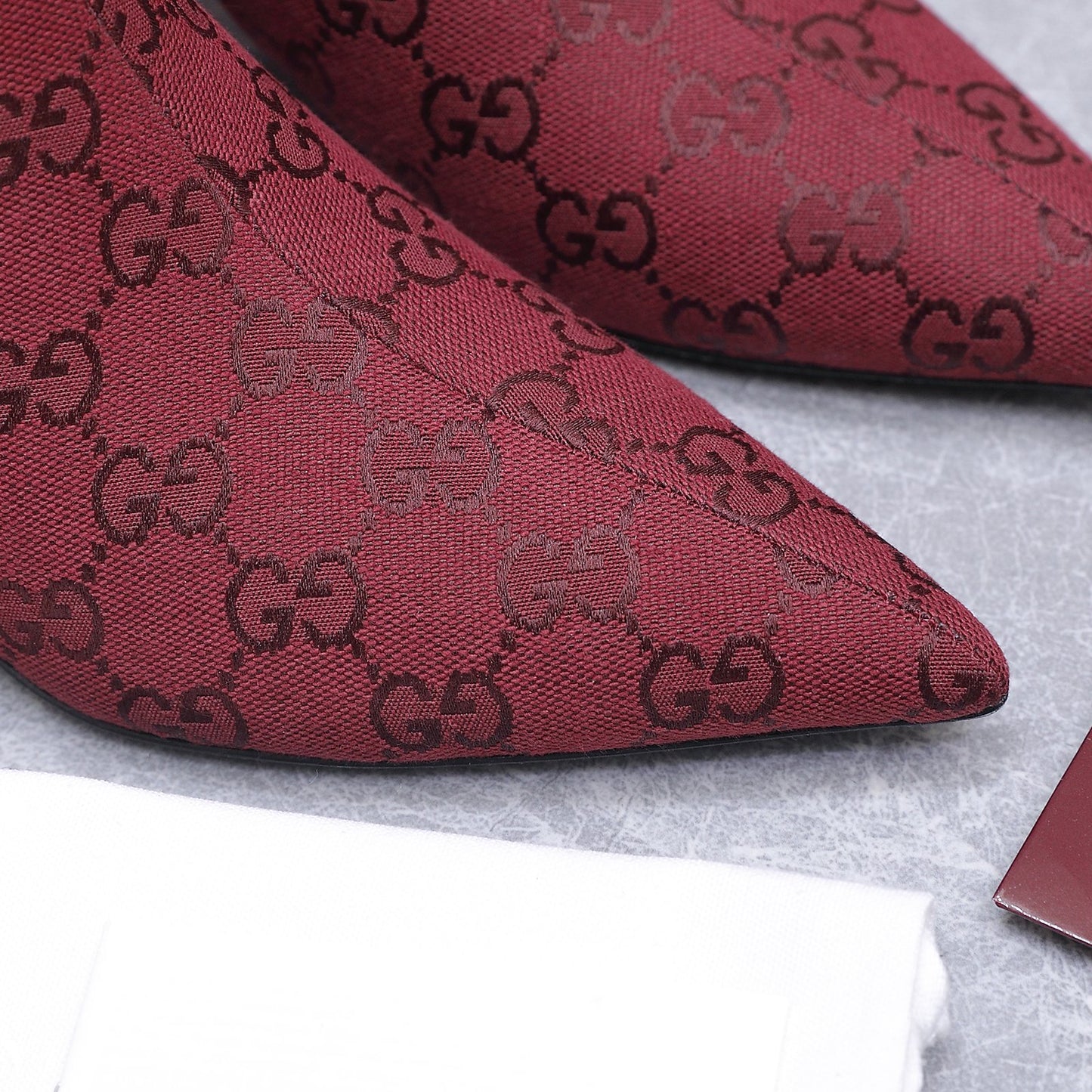 GG Canvas Ankle Boots – Burgundy Red Monogram Canvas Pointed-Toe Ankle Boots