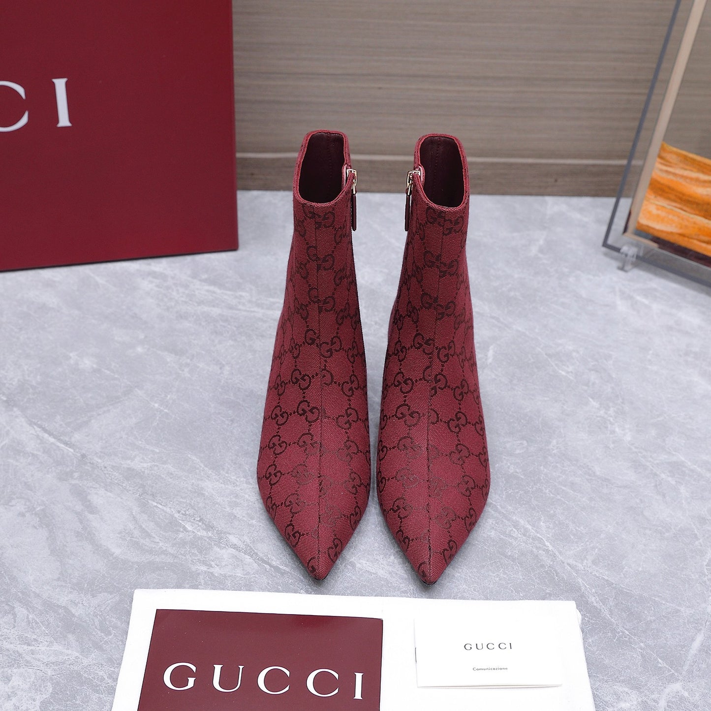 GG Canvas Ankle Boots – Burgundy Red Monogram Canvas Pointed-Toe Ankle Boots
