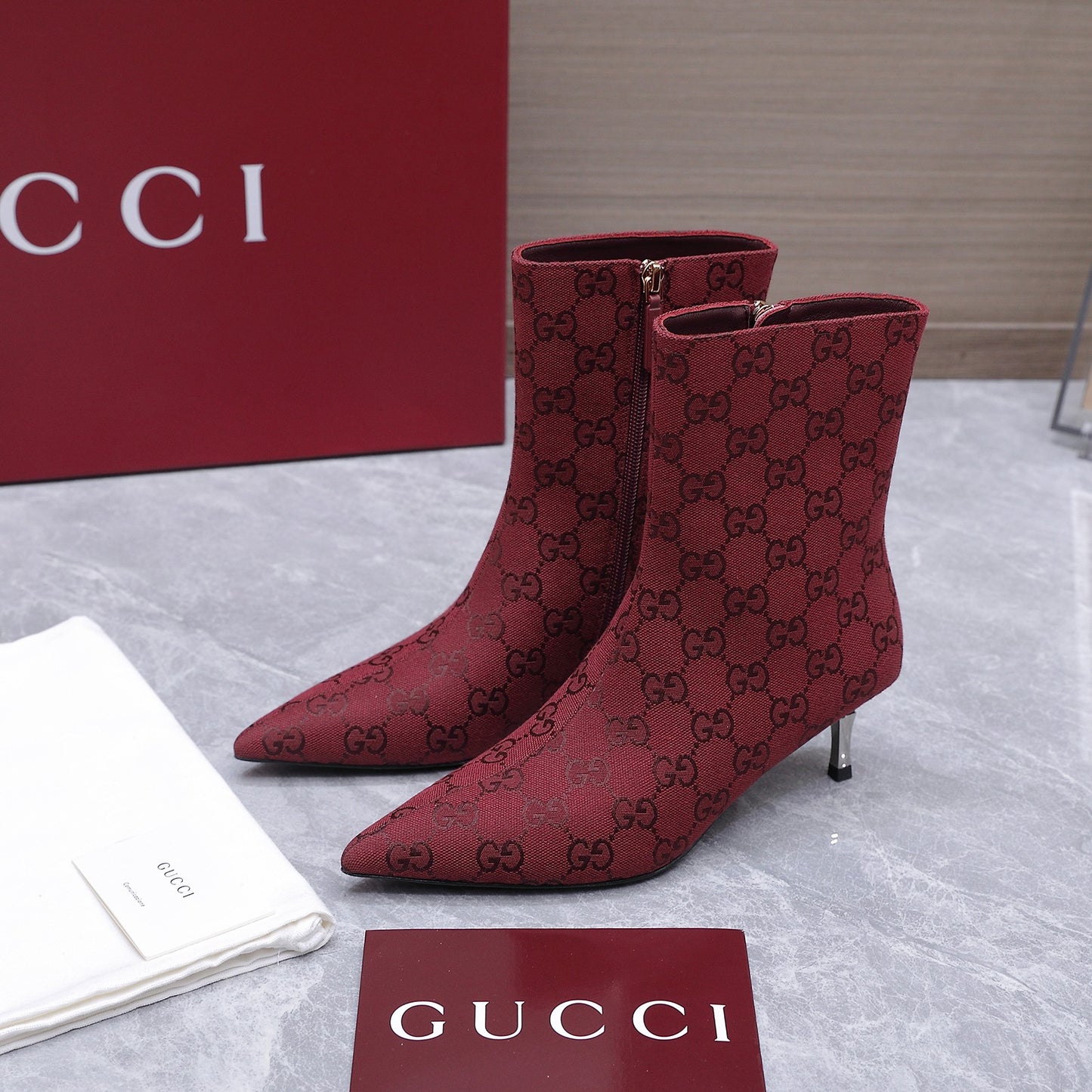 GG Canvas Ankle Boots – Burgundy Red Monogram Canvas Pointed-Toe Ankle Boots