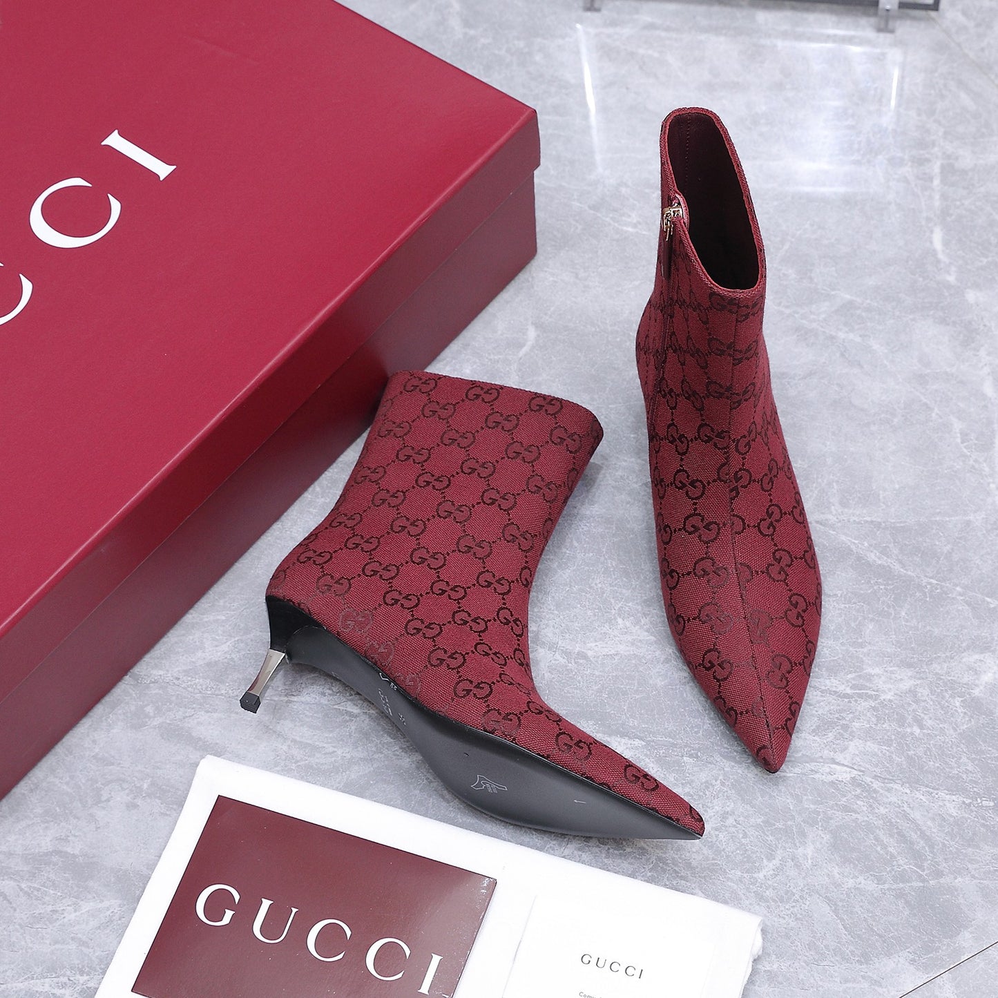 GG Canvas Ankle Boots – Burgundy Red Monogram Canvas Pointed-Toe Ankle Boots