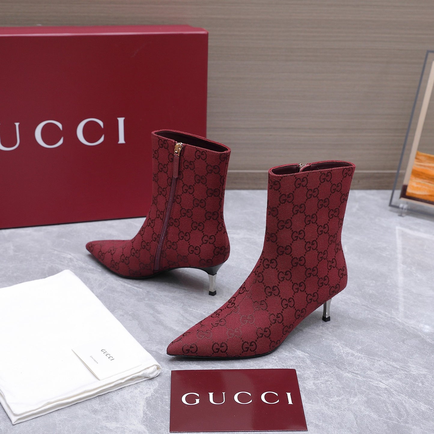 GG Canvas Ankle Boots – Burgundy Red Monogram Canvas Pointed-Toe Ankle Boots