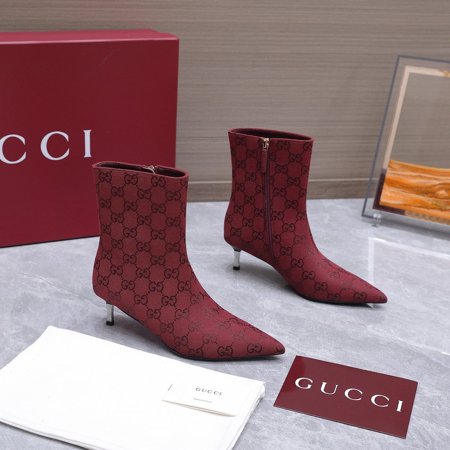 GG Canvas Ankle Boots – Burgundy Red Monogram Canvas Pointed-Toe Ankle Boots