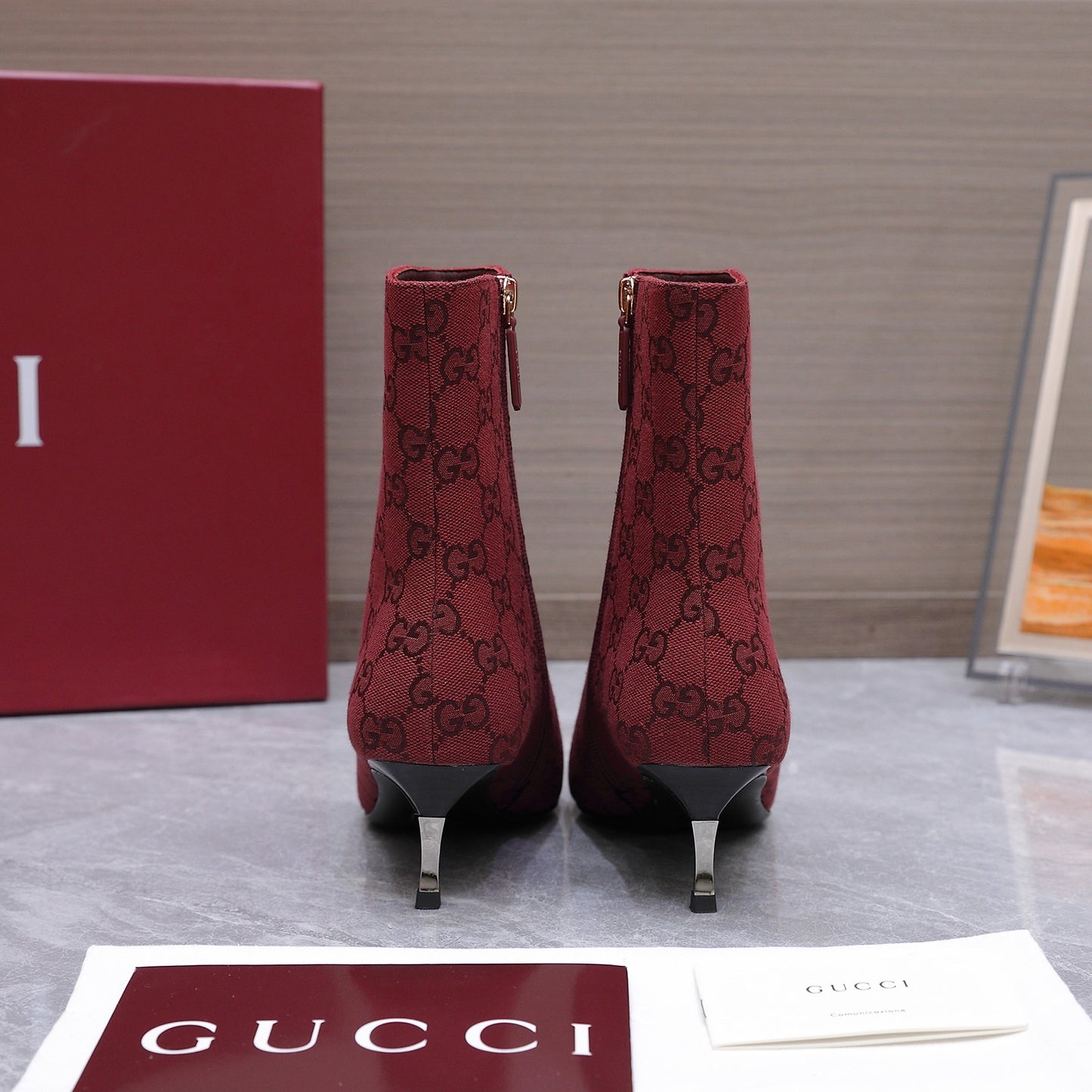 GG Canvas Ankle Boots – Burgundy Red Monogram Canvas Pointed-Toe Ankle Boots