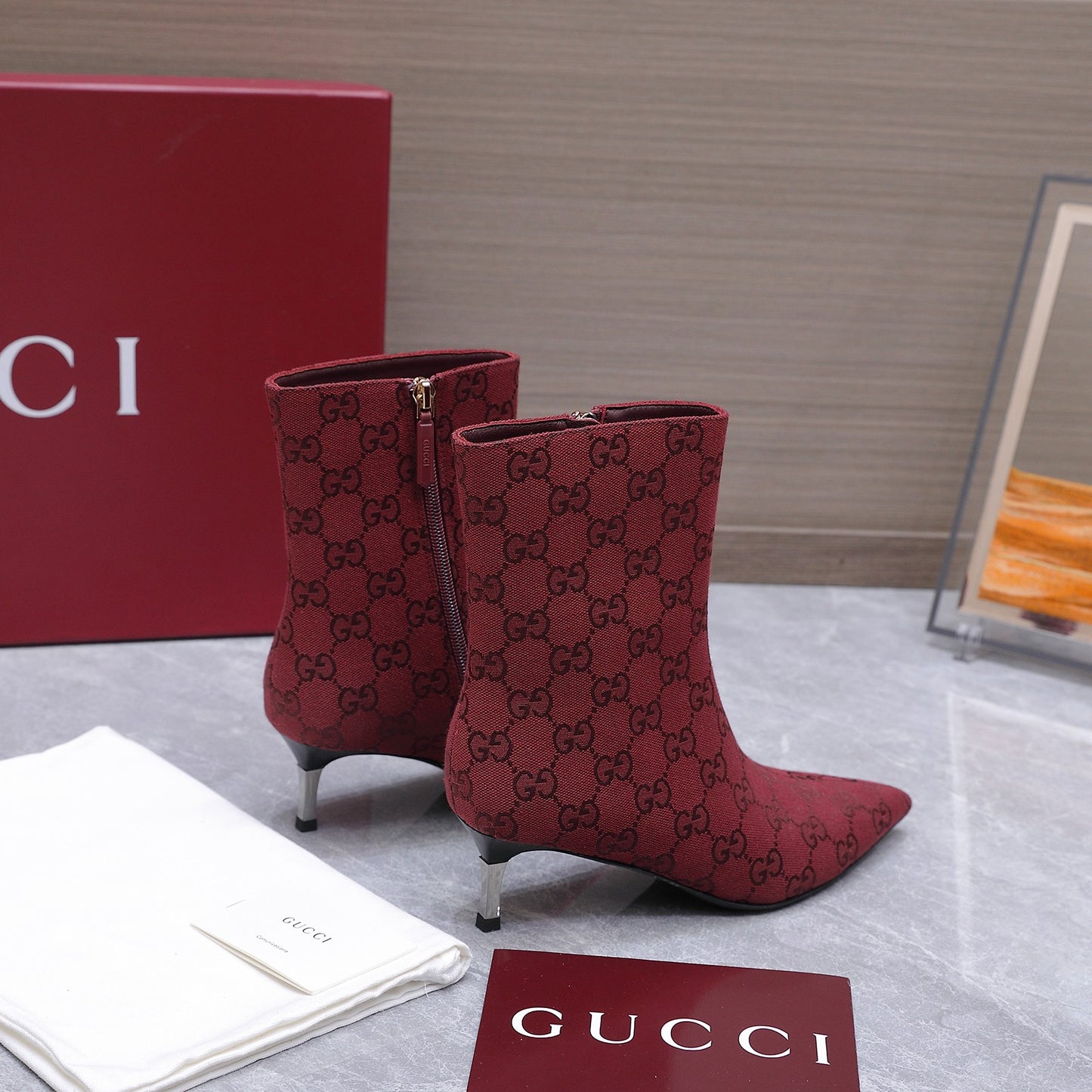 GG Canvas Ankle Boots – Burgundy Red Monogram Canvas Pointed-Toe Ankle Boots