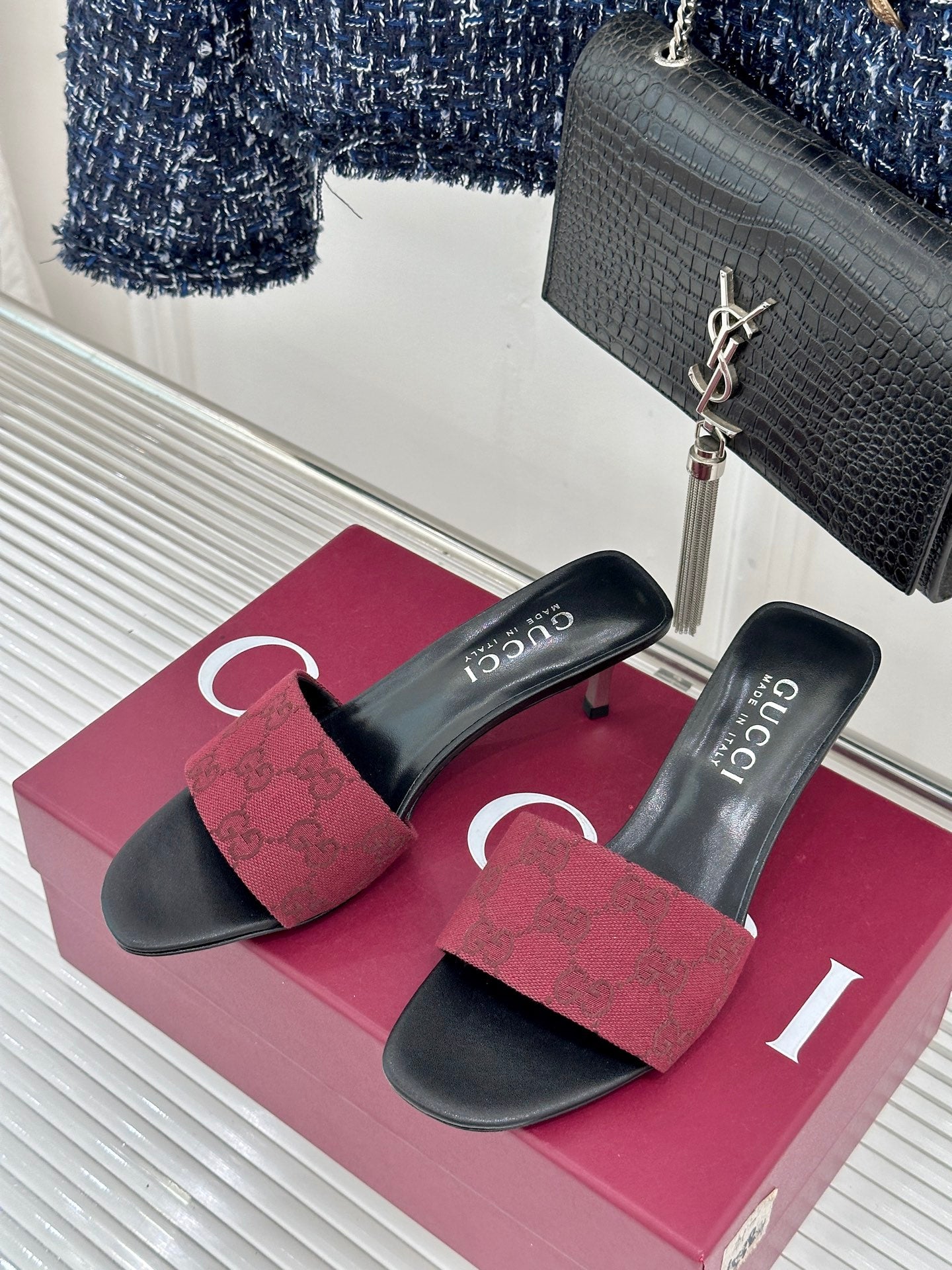 GG Canvas Burgundy Slide Sandals – Deep Crimson Woven Monogram Open-Toe Mules
