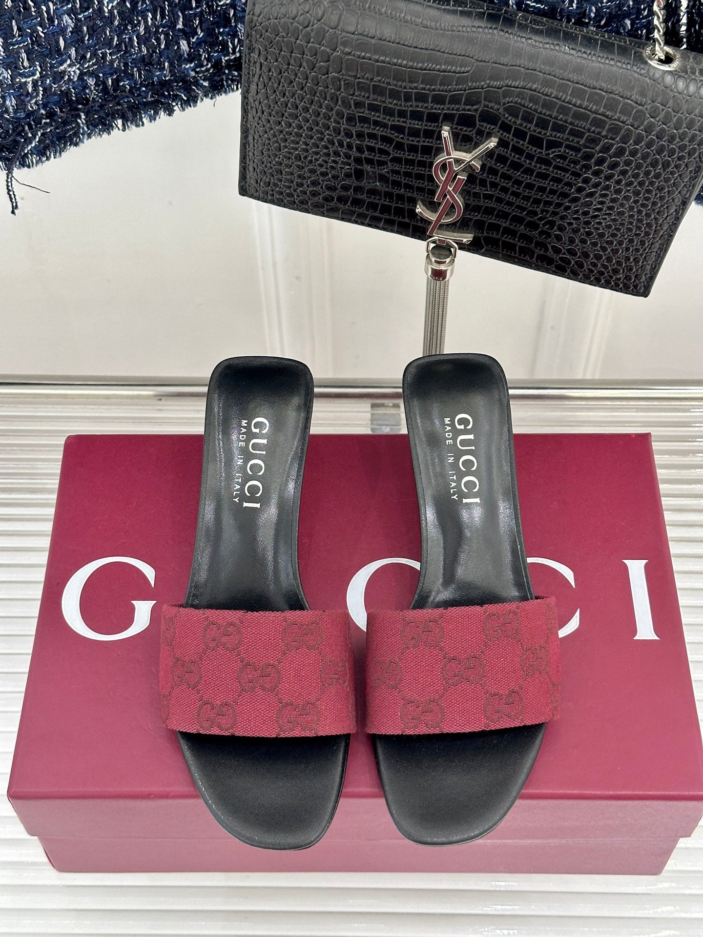 GG Canvas Burgundy Slide Sandals – Deep Crimson Woven Monogram Open-Toe Mules