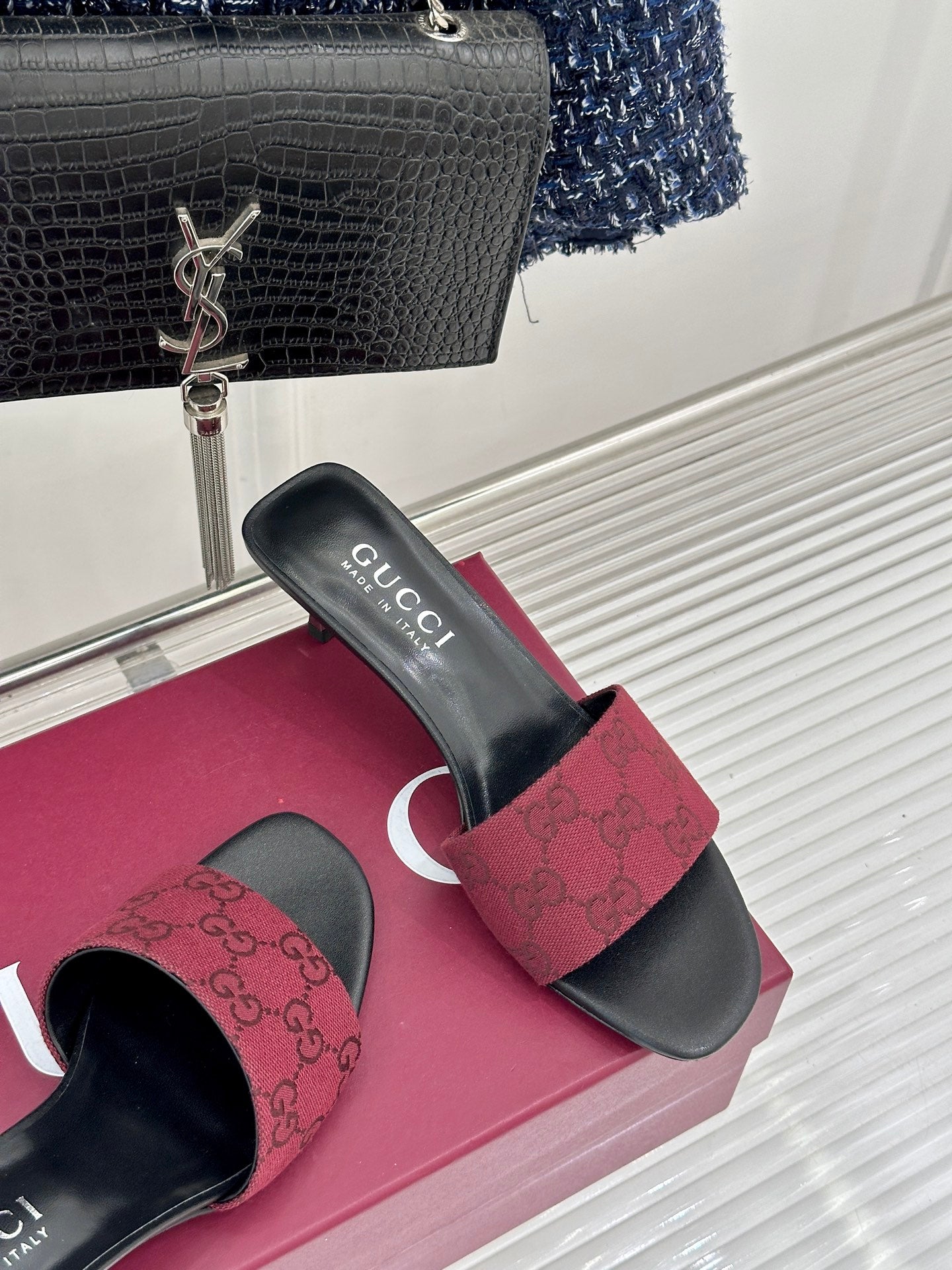GG Canvas Burgundy Slide Sandals – Deep Crimson Woven Monogram Open-Toe Mules