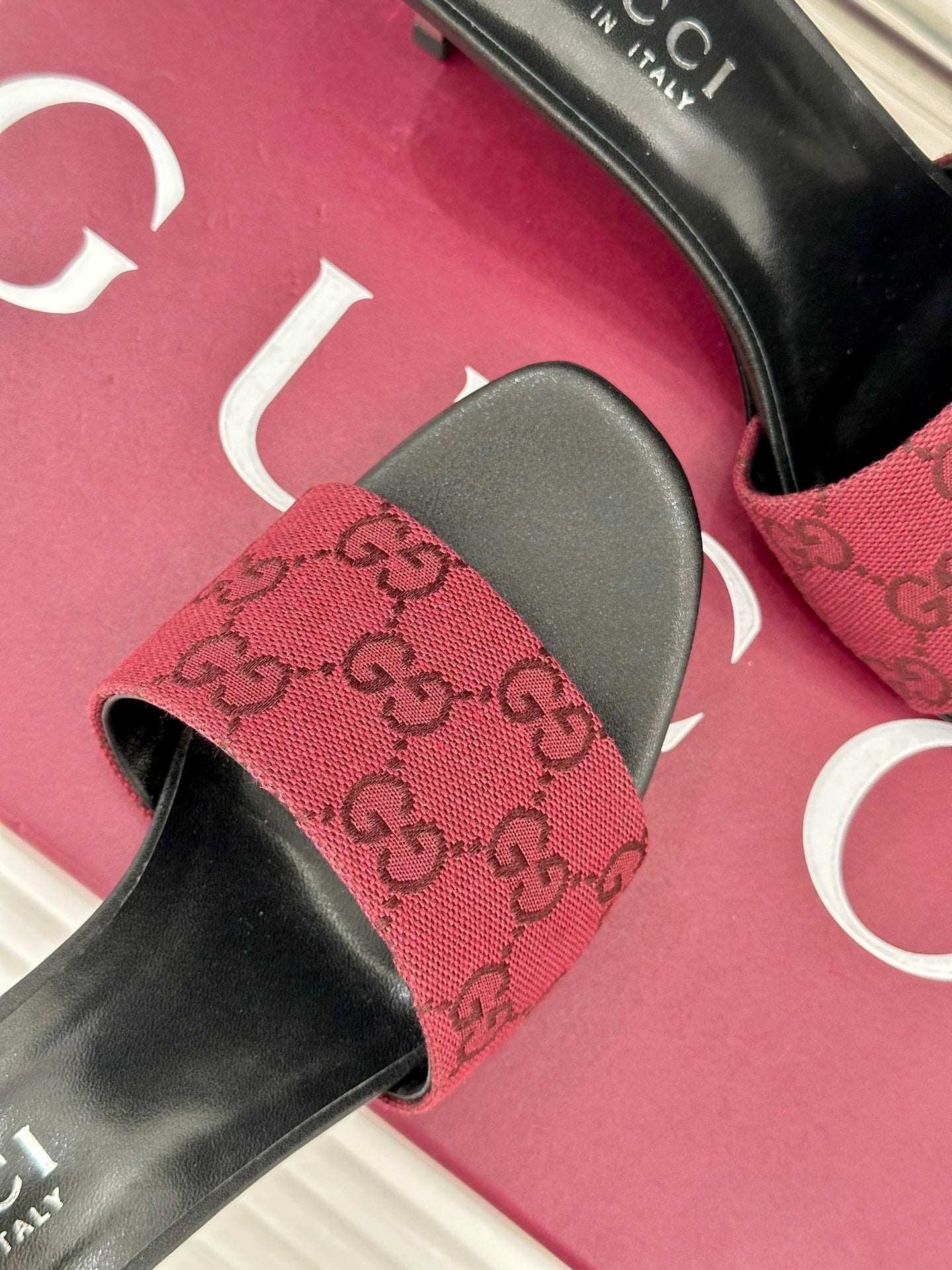GG Canvas Burgundy Slide Sandals – Deep Crimson Woven Monogram Open-Toe Mules