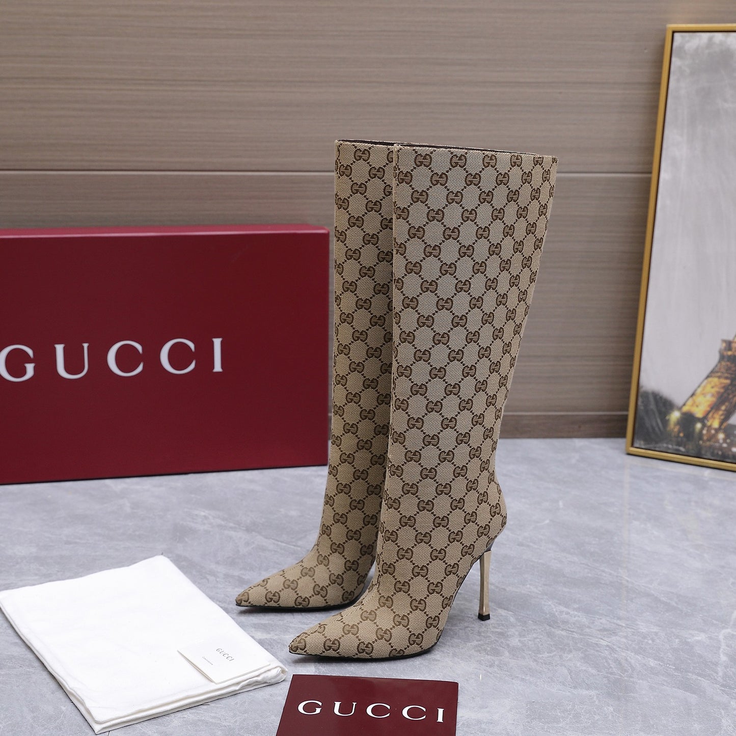 GG Canvas Knee High Boots – Classic Beige and Dark Brown Monogram Canvas Pointed-Toe Boots
