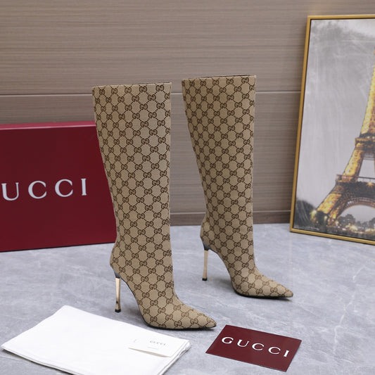 GG Canvas Knee High Boots – Classic Beige and Dark Brown Monogram Canvas Pointed-Toe Boots