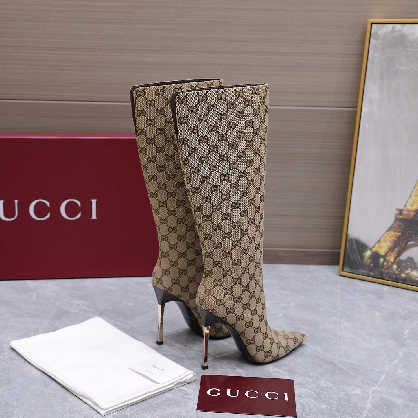 GG Canvas Knee High Boots – Classic Beige and Dark Brown Monogram Canvas Pointed-Toe Boots
