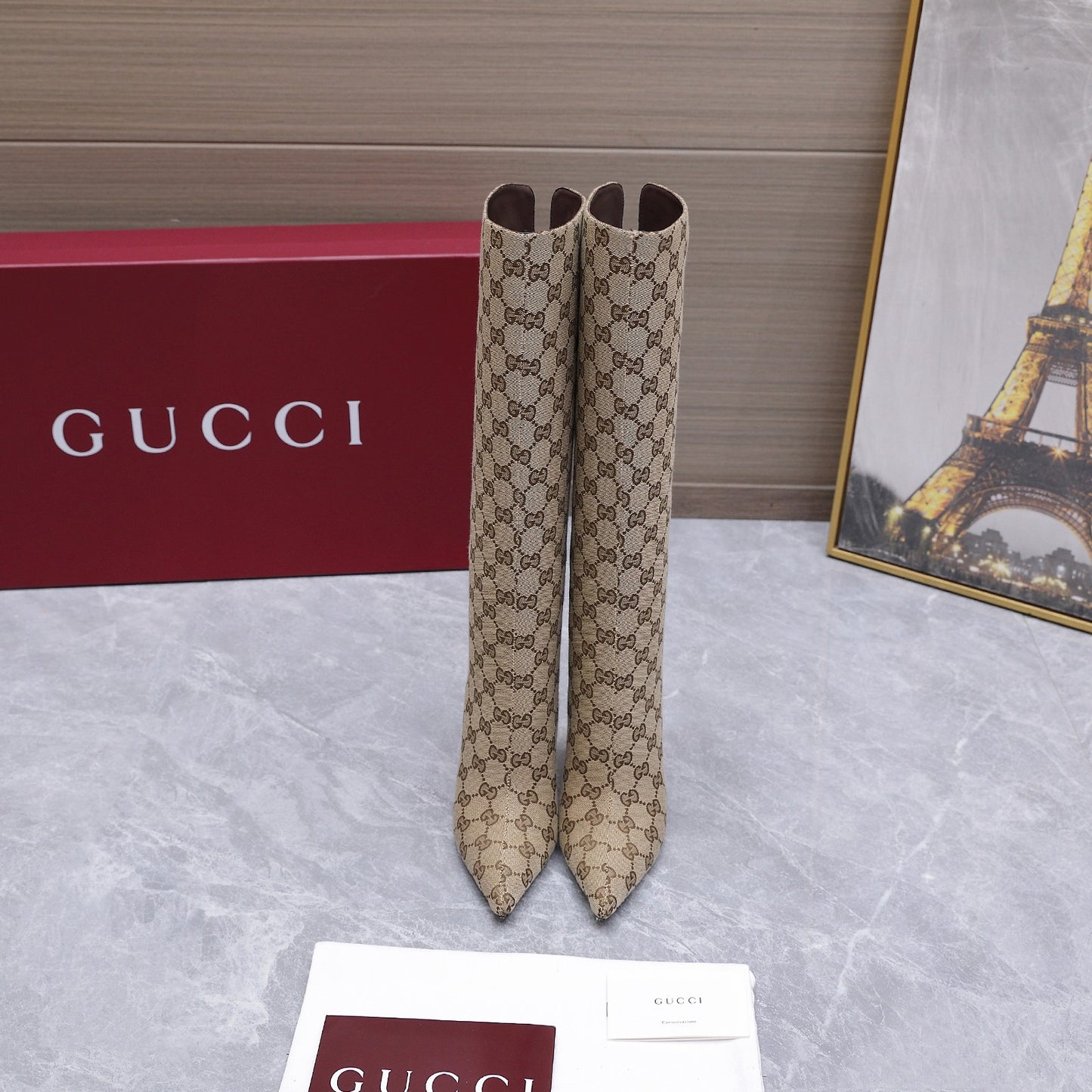 GG Canvas Knee High Boots – Classic Beige and Dark Brown Monogram Canvas Pointed-Toe Boots