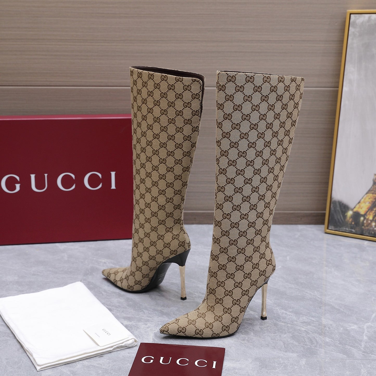 GG Canvas Knee High Boots – Classic Beige and Dark Brown Monogram Canvas Pointed-Toe Boots