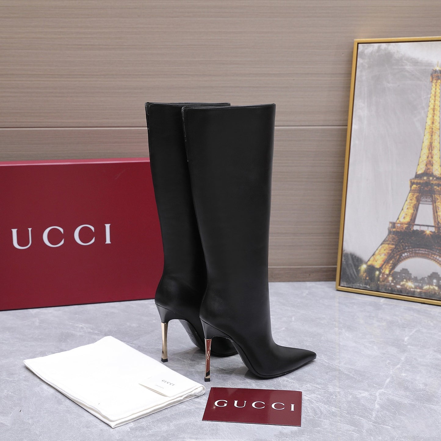 GG Smooth Leather Knee-High Boots – Black Calfskin Pointed-Toe Tall Boots