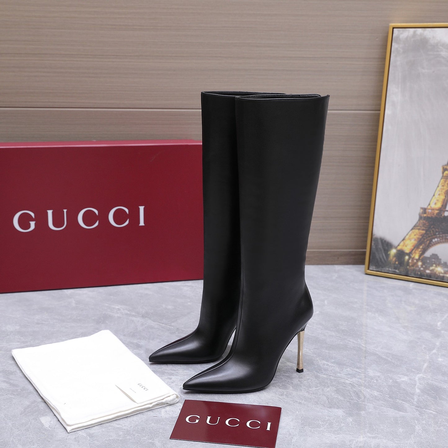 GG Smooth Leather Knee-High Boots – Black Calfskin Pointed-Toe Tall Boots