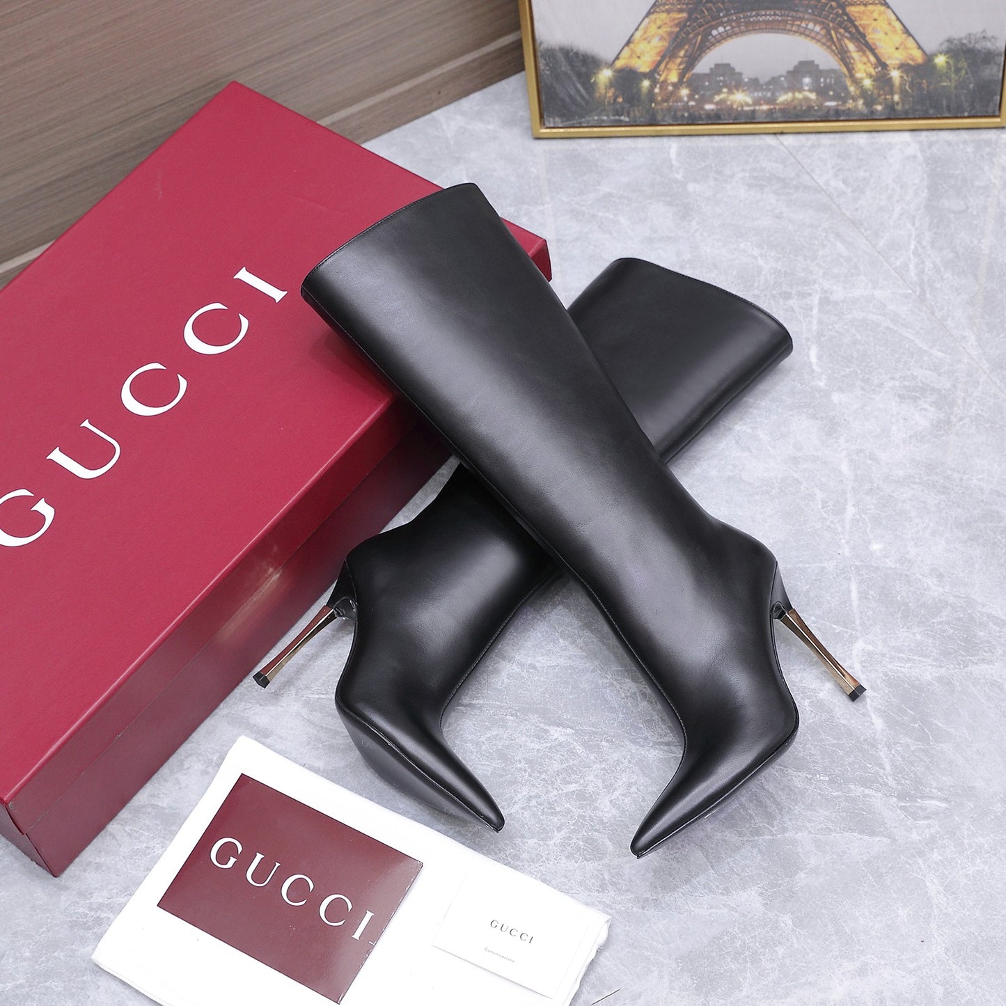 GG Smooth Leather Knee-High Boots – Black Calfskin Pointed-Toe Tall Boots