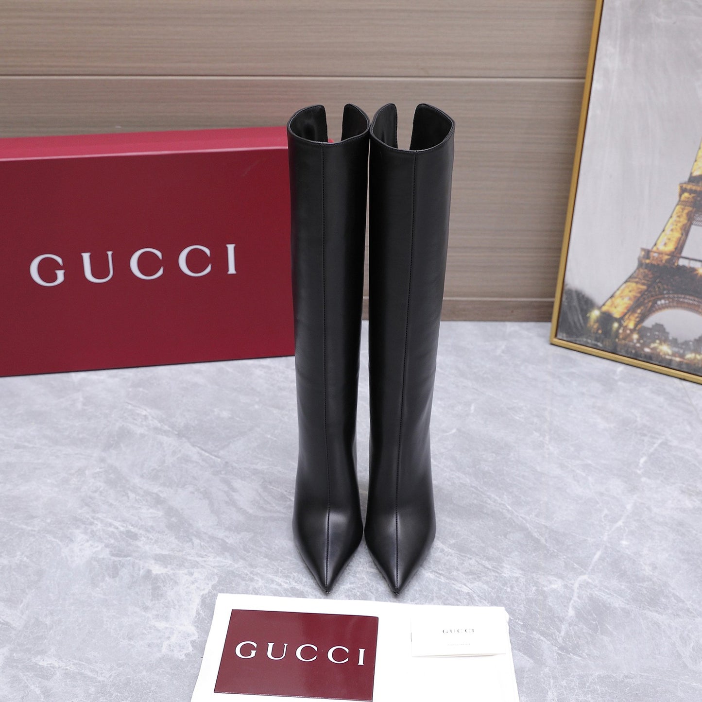 GG Smooth Leather Knee-High Boots – Black Calfskin Pointed-Toe Tall Boots