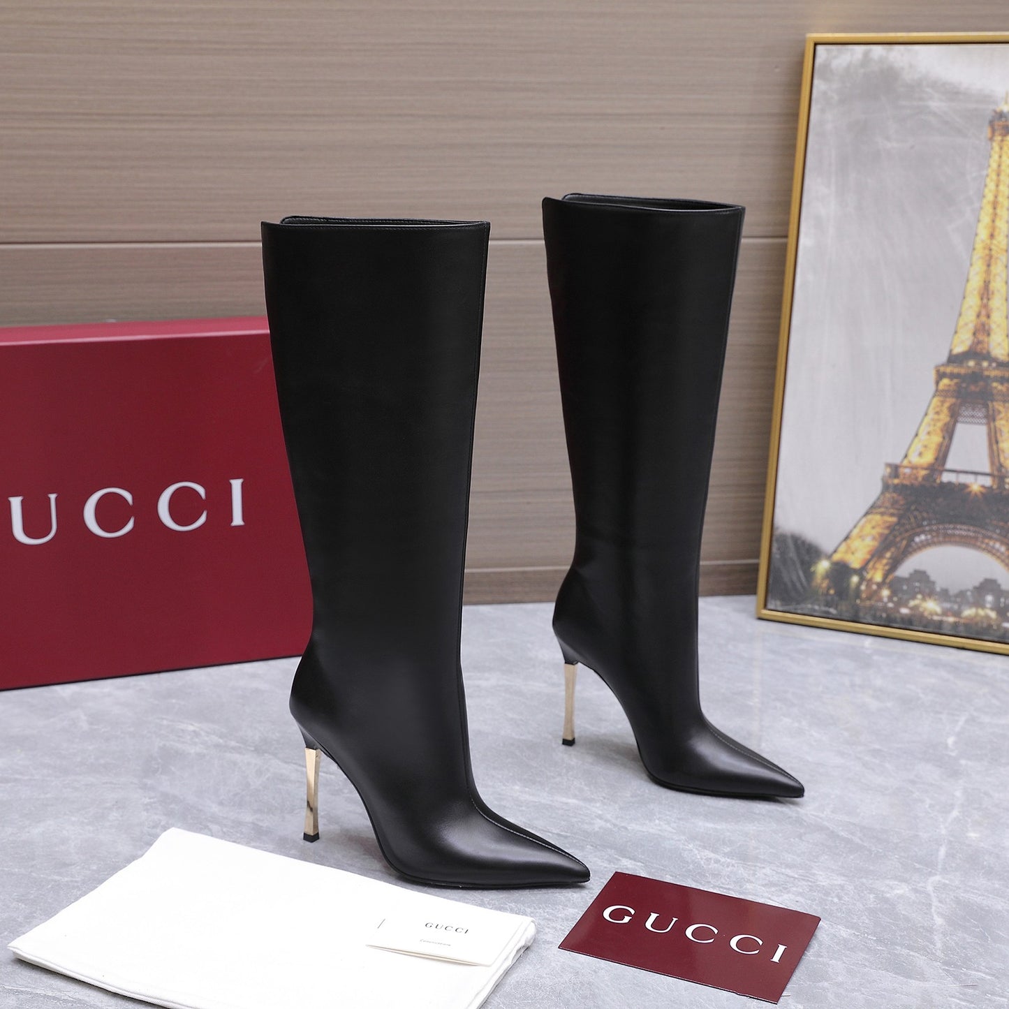 GG Smooth Leather Knee-High Boots – Black Calfskin Pointed-Toe Tall Boots