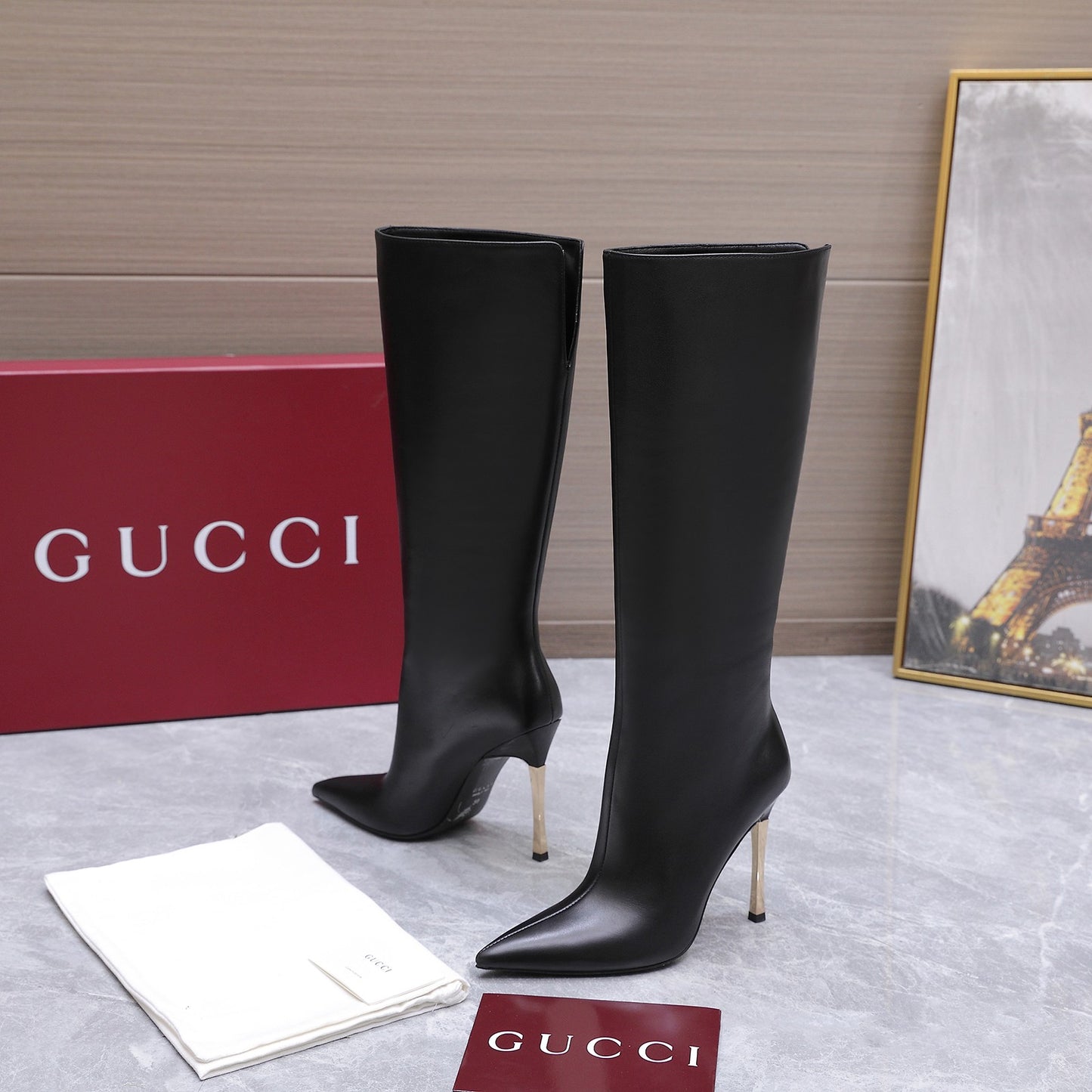 GG Smooth Leather Knee-High Boots – Black Calfskin Pointed-Toe Tall Boots