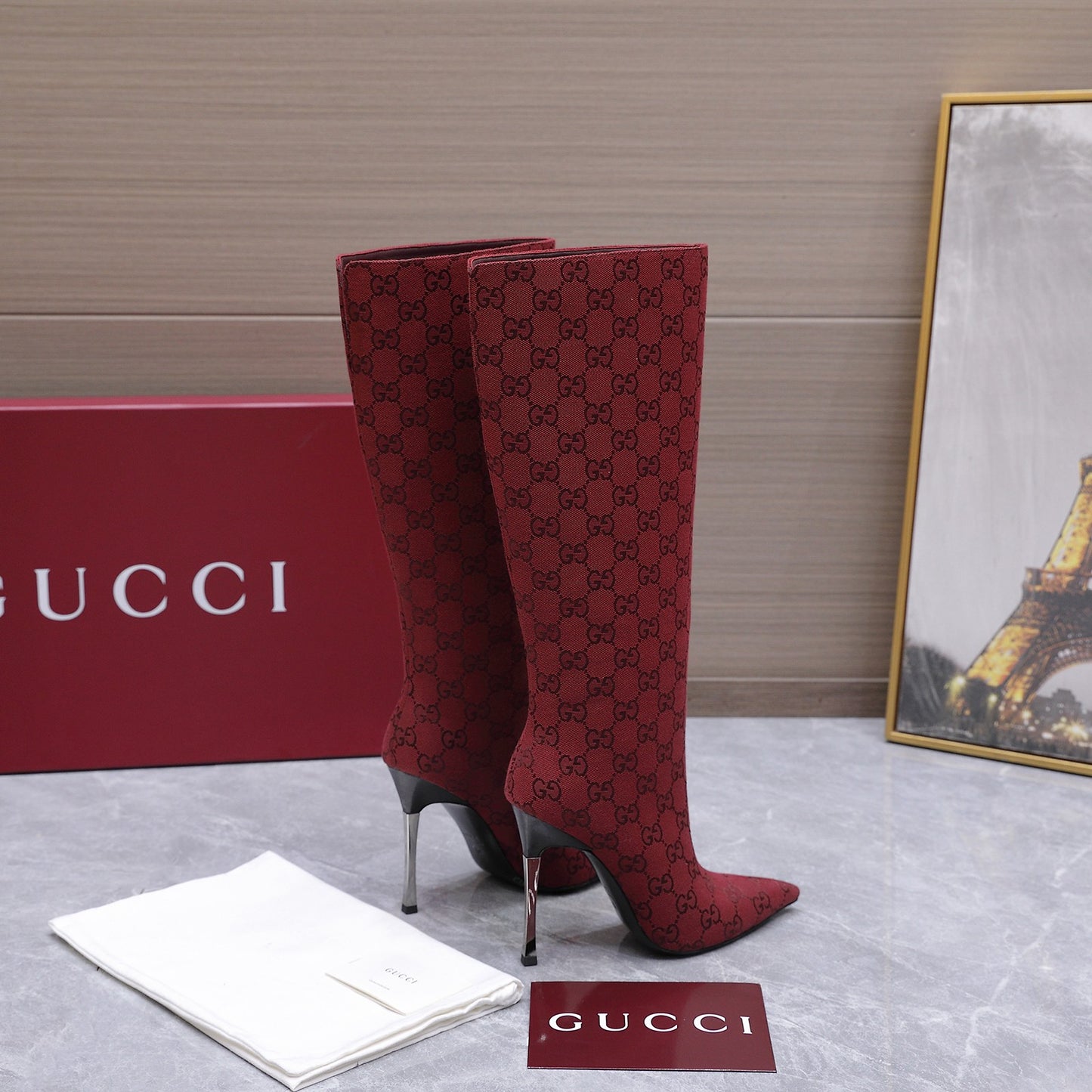 GG Canvas Knee High Boots – Crimson Red and Black Monogram Canvas Pointed-Toe Tall Boots