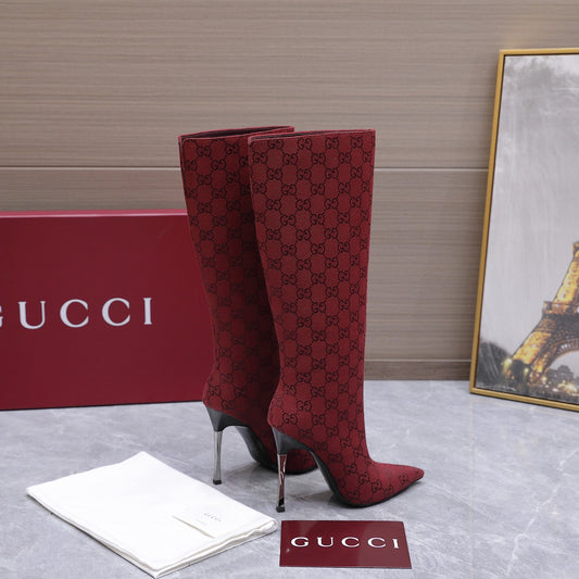 GG Canvas Knee High Boots – Crimson Red and Black Monogram Canvas Pointed-Toe Tall Boots