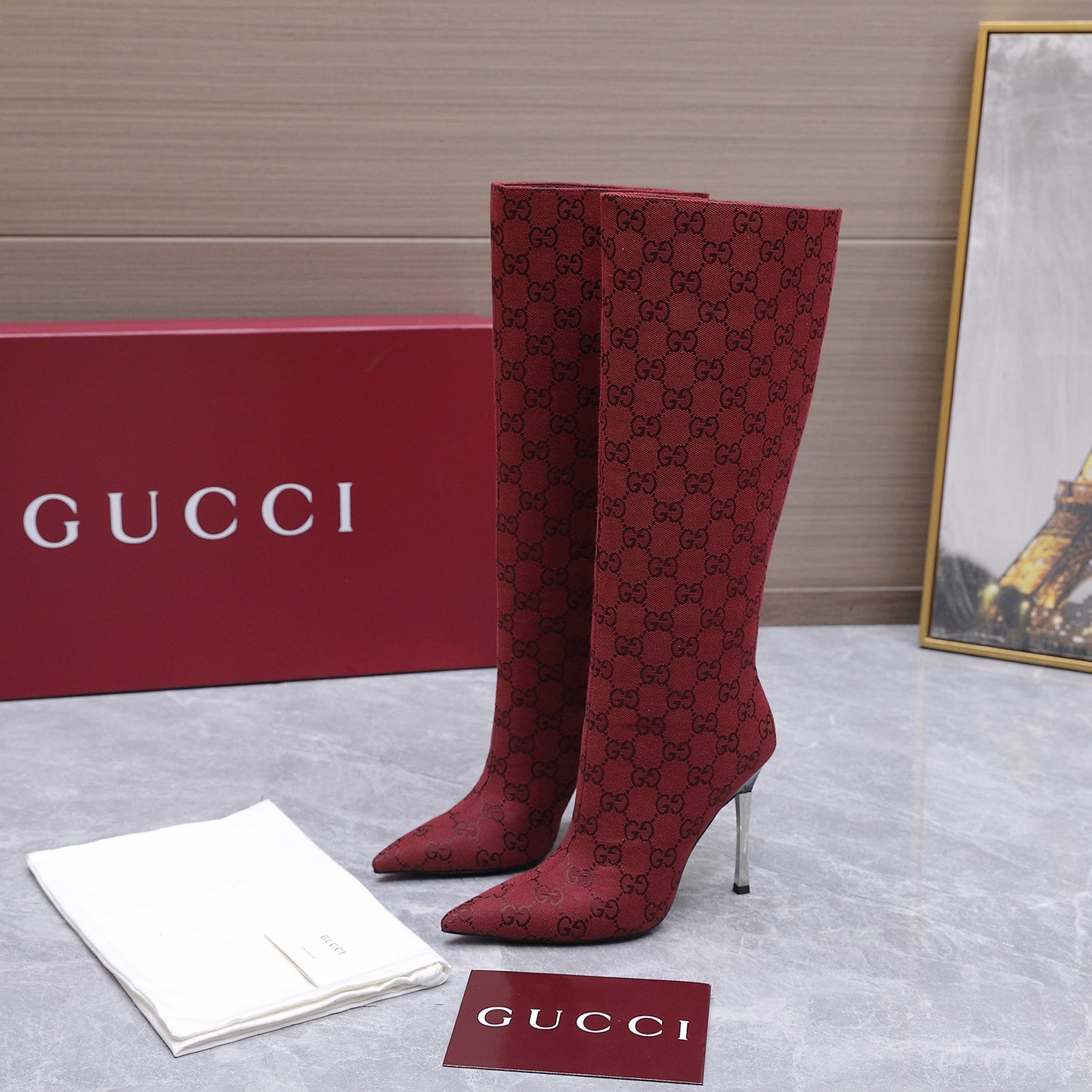 GG Canvas Knee High Boots – Crimson Red and Black Monogram Canvas Pointed-Toe Tall Boots