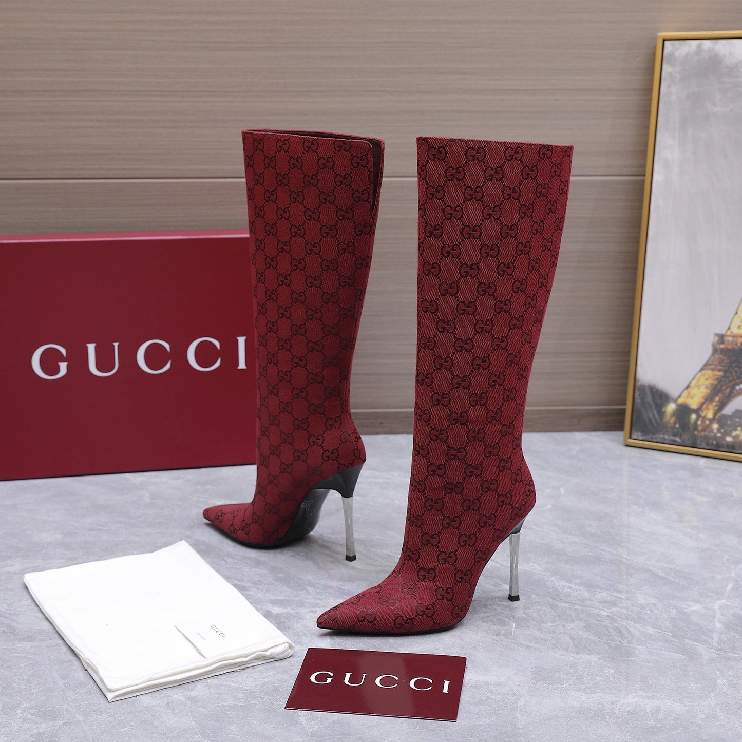 GG Canvas Knee High Boots – Crimson Red and Black Monogram Canvas Pointed-Toe Tall Boots