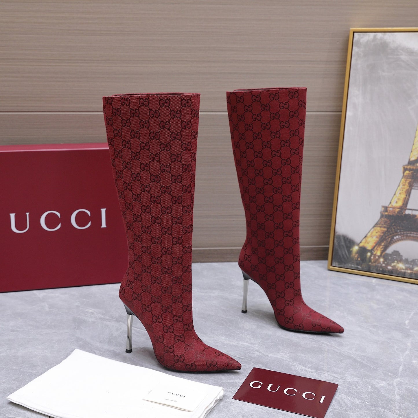 GG Canvas Knee High Boots – Crimson Red and Black Monogram Canvas Pointed-Toe Tall Boots