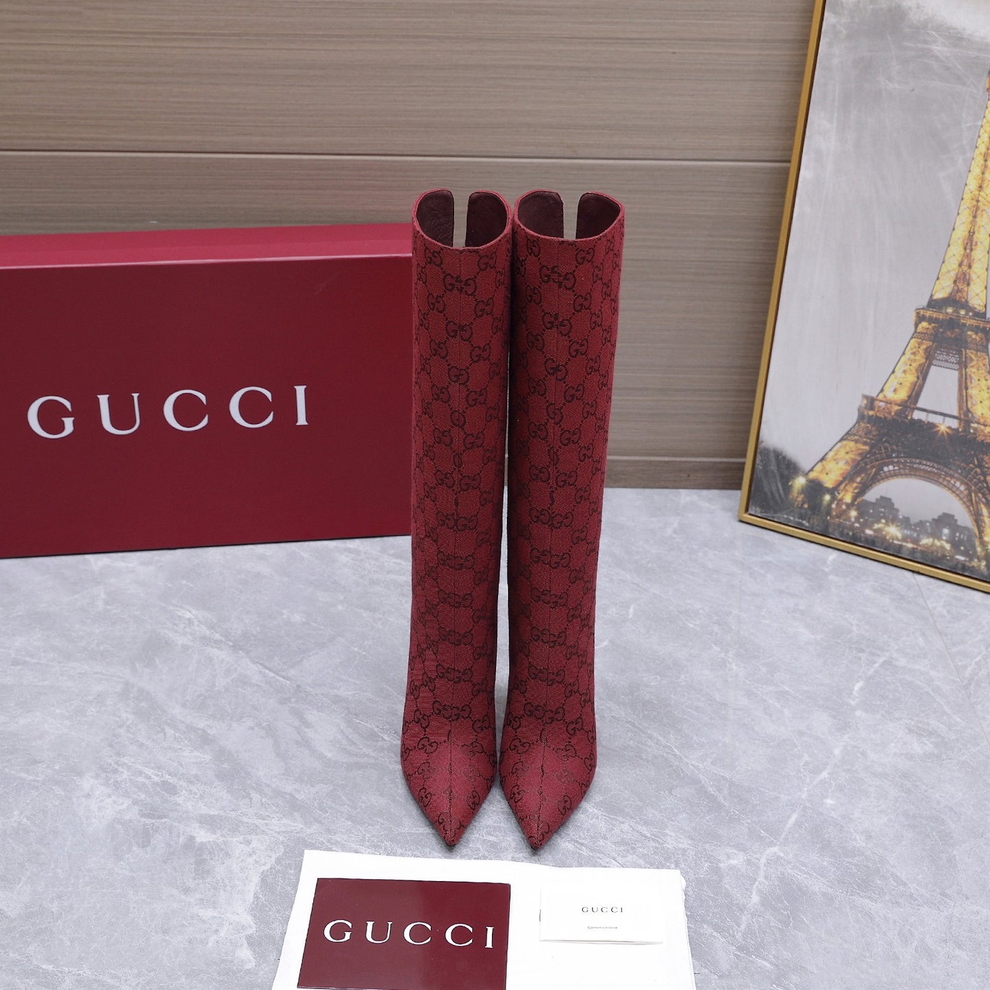 GG Canvas Knee High Boots – Crimson Red and Black Monogram Canvas Pointed-Toe Tall Boots