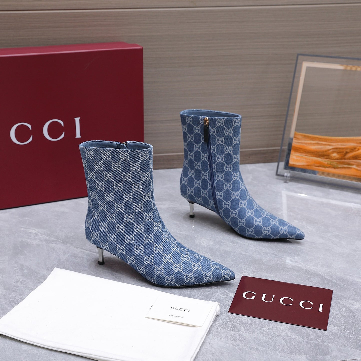 GG Denim Ankle Boots – Vintage Indigo Blue Monogram Denim Pointed-Toe Ankle Boots