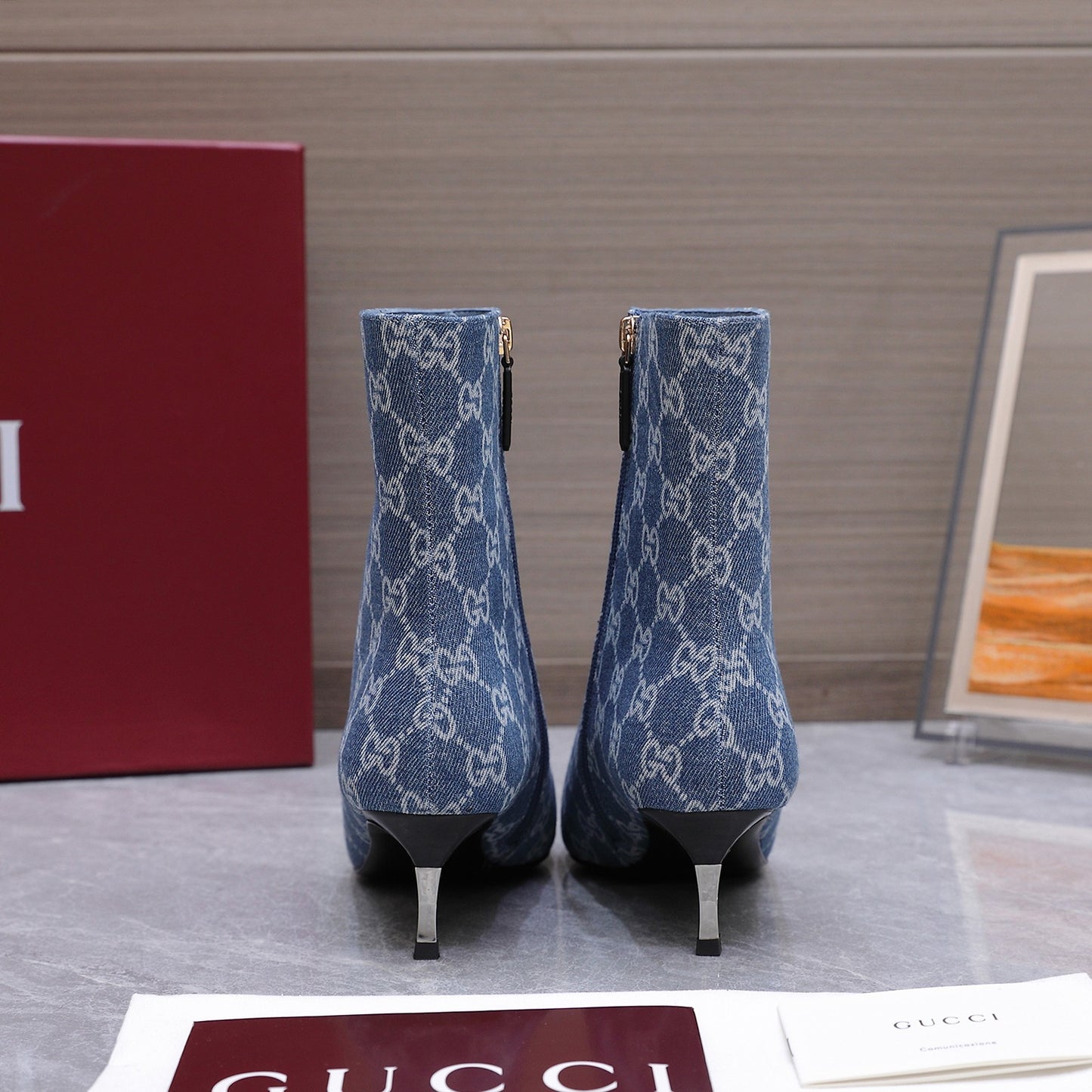 GG Denim Ankle Boots – Vintage Indigo Blue Monogram Denim Pointed-Toe Ankle Boots