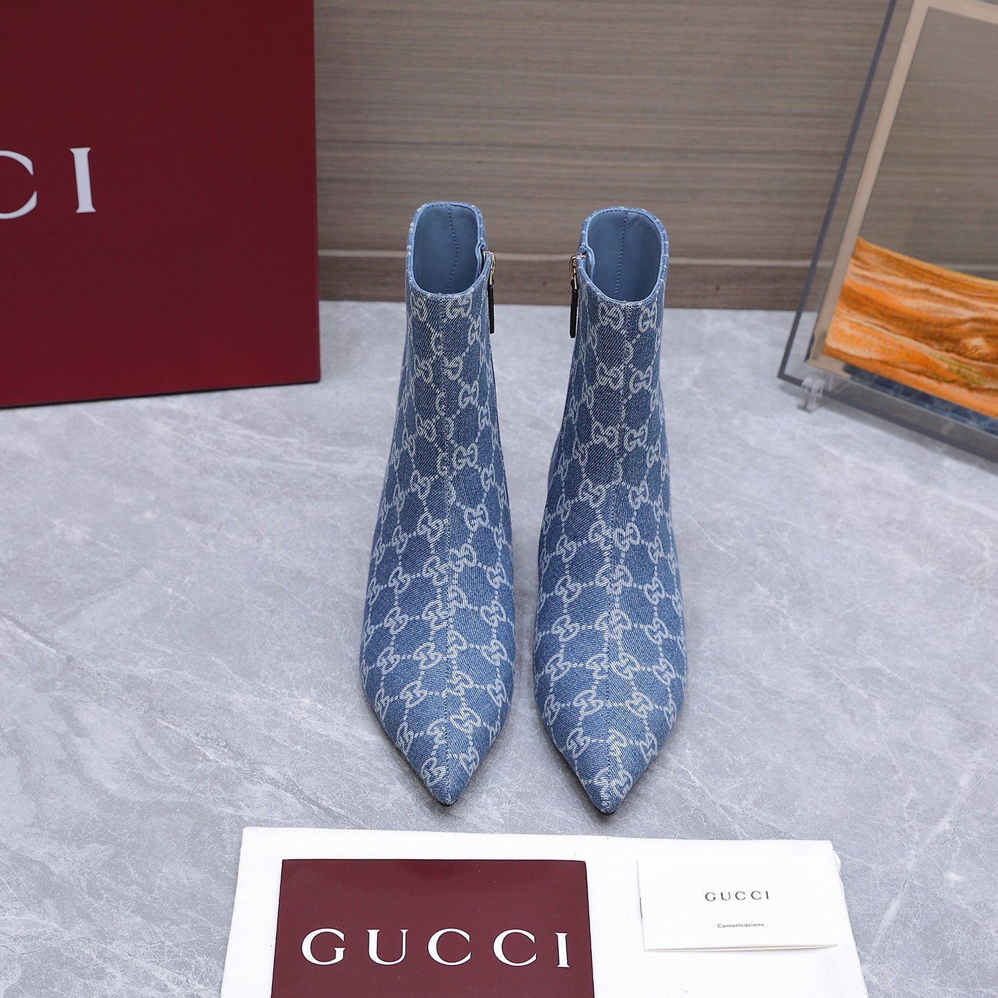 GG Denim Ankle Boots – Vintage Indigo Blue Monogram Denim Pointed-Toe Ankle Boots