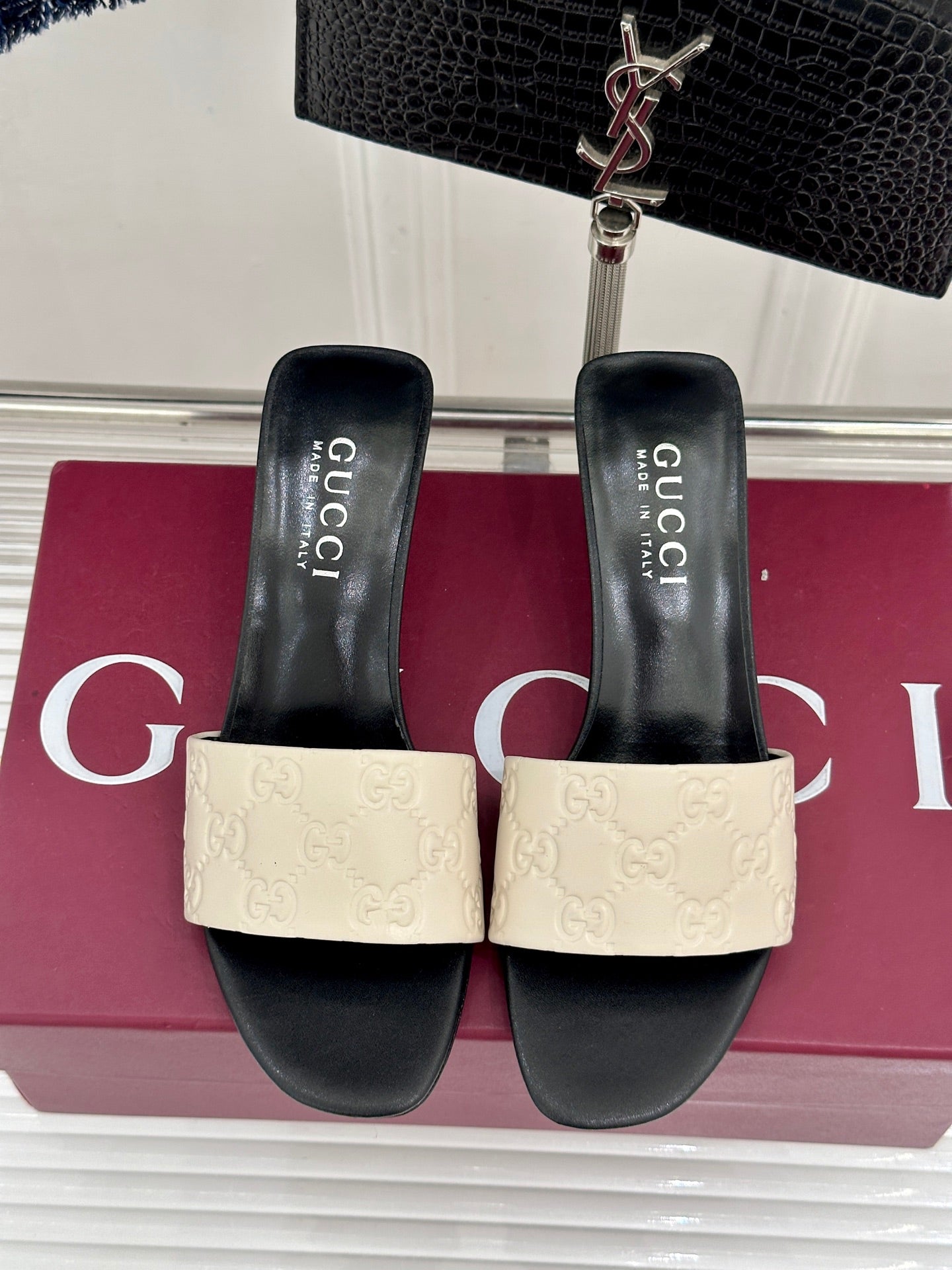 GG Leather Heeled Slide Sandals – Creamy Beige Monogram-Debossed Calfskin Open-Toe Mules