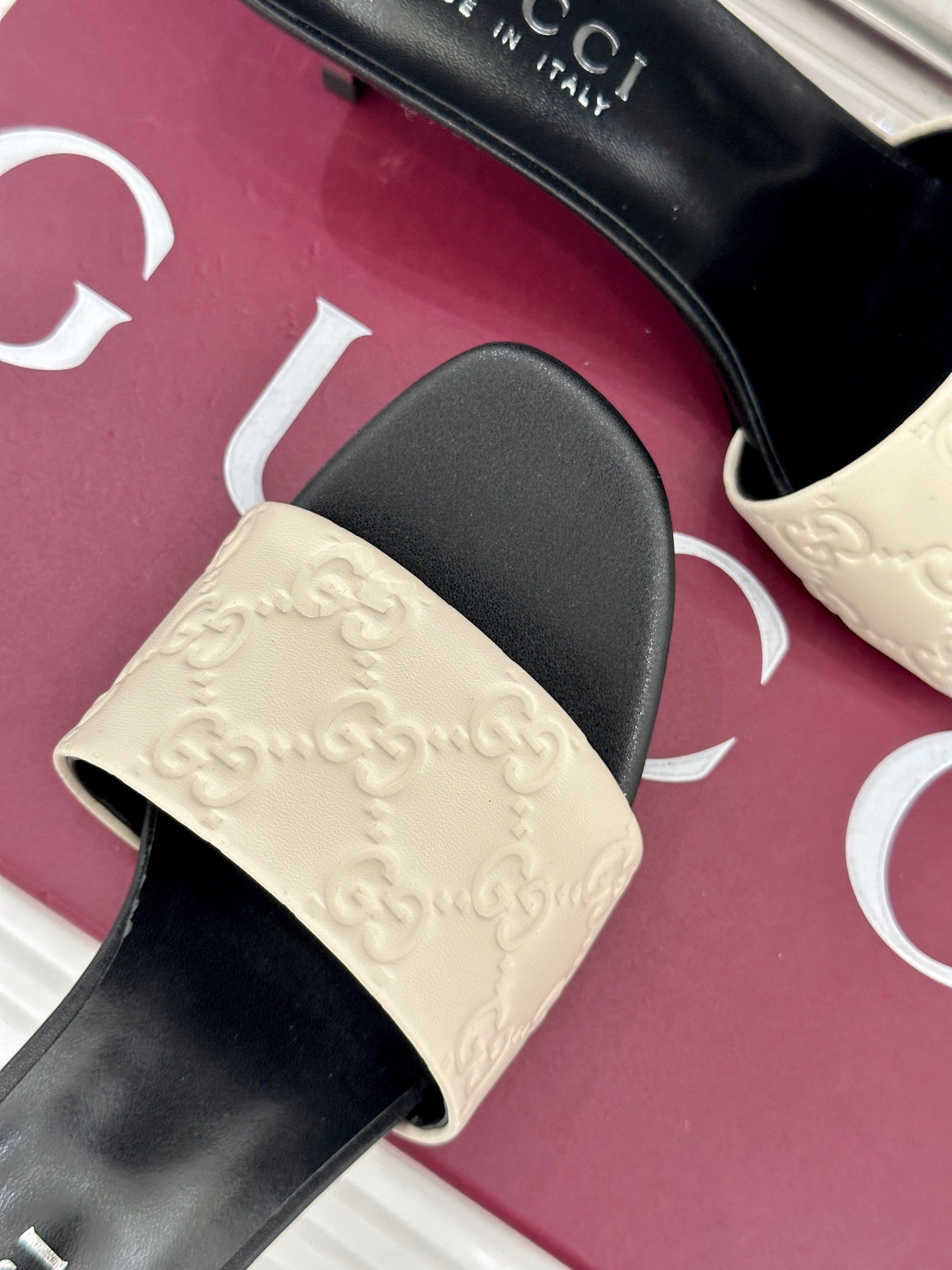GG Leather Heeled Slide Sandals – Creamy Beige Monogram-Debossed Calfskin Open-Toe Mules