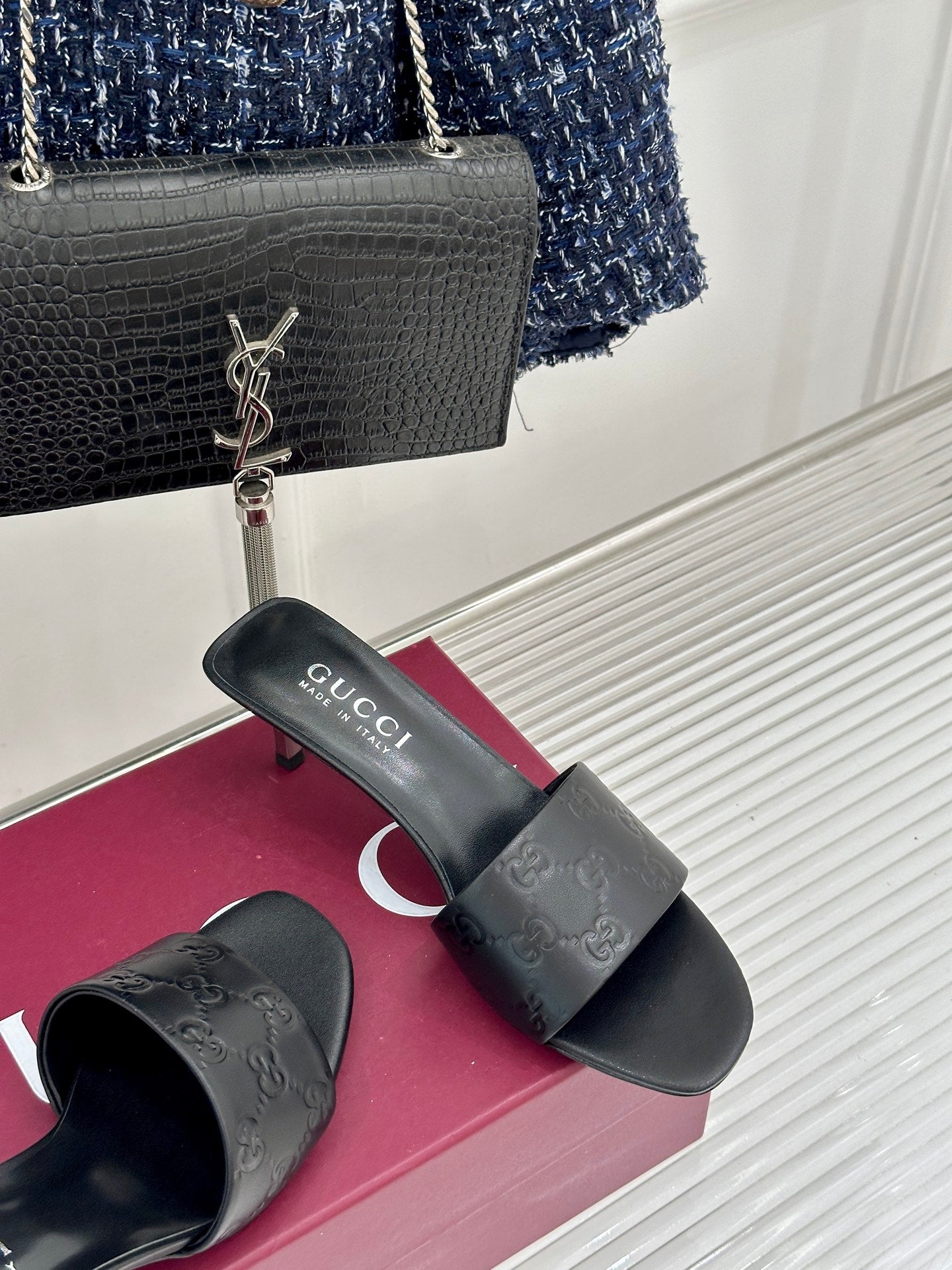 GG Leather Heeled Slide Sandals – Obsidian Onyx Monogram-Debossed Calfskin Open-Toe Mules