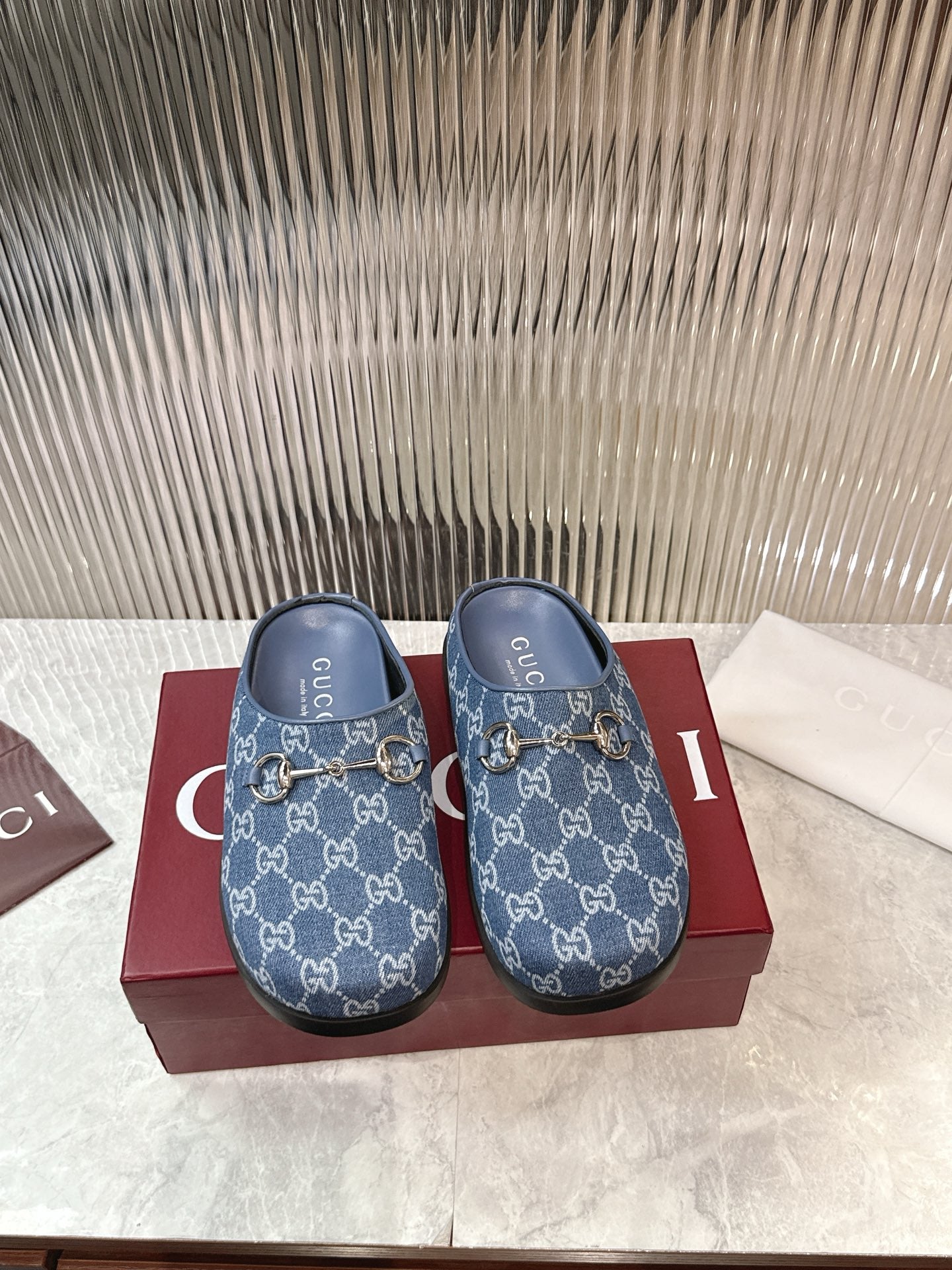 Horsebit Denim Mule – Blue GG Monogram Jacquard with Silver-Toned Hardware