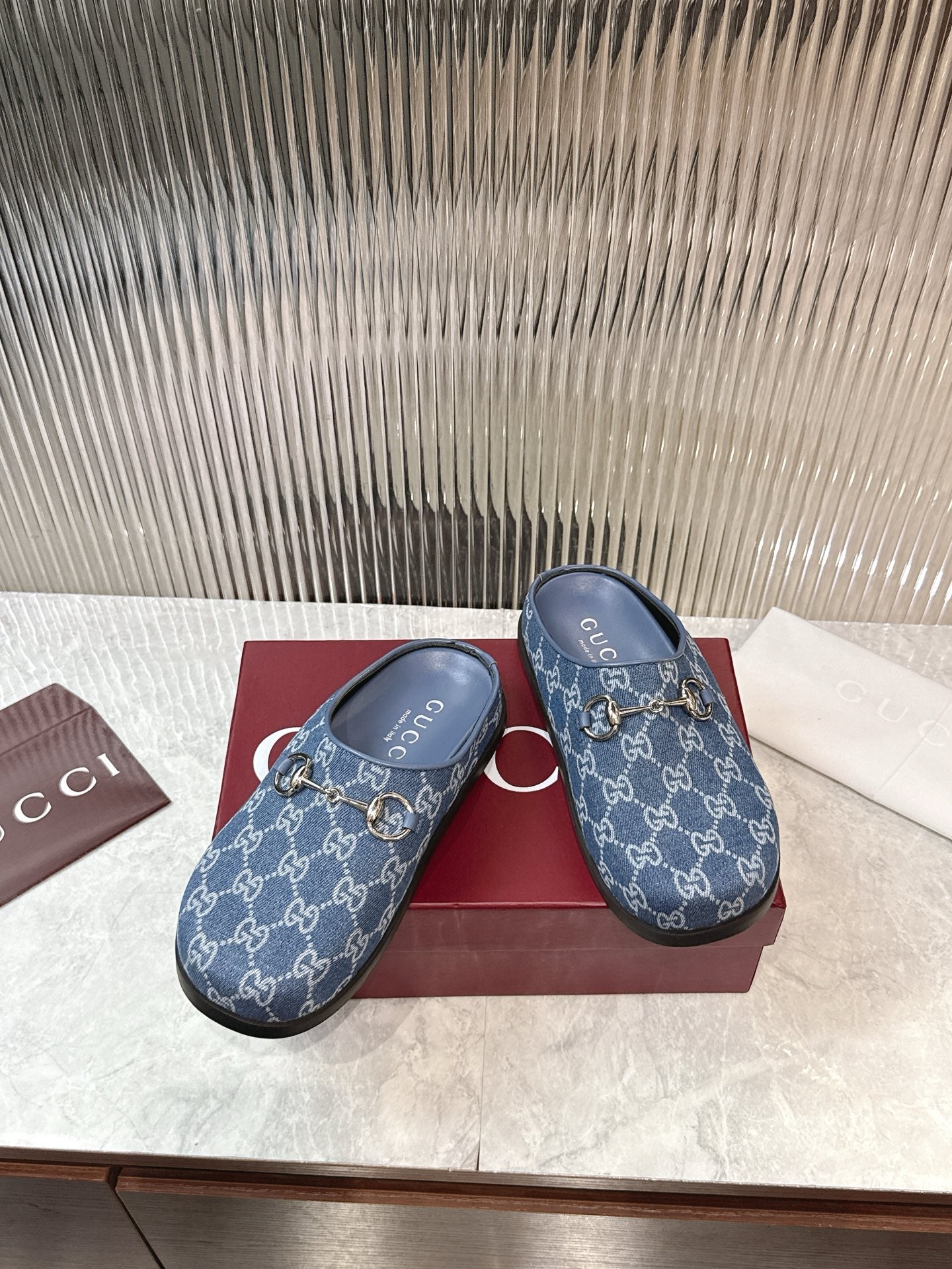 Horsebit Denim Mule – Blue GG Monogram Jacquard with Silver-Toned Hardware