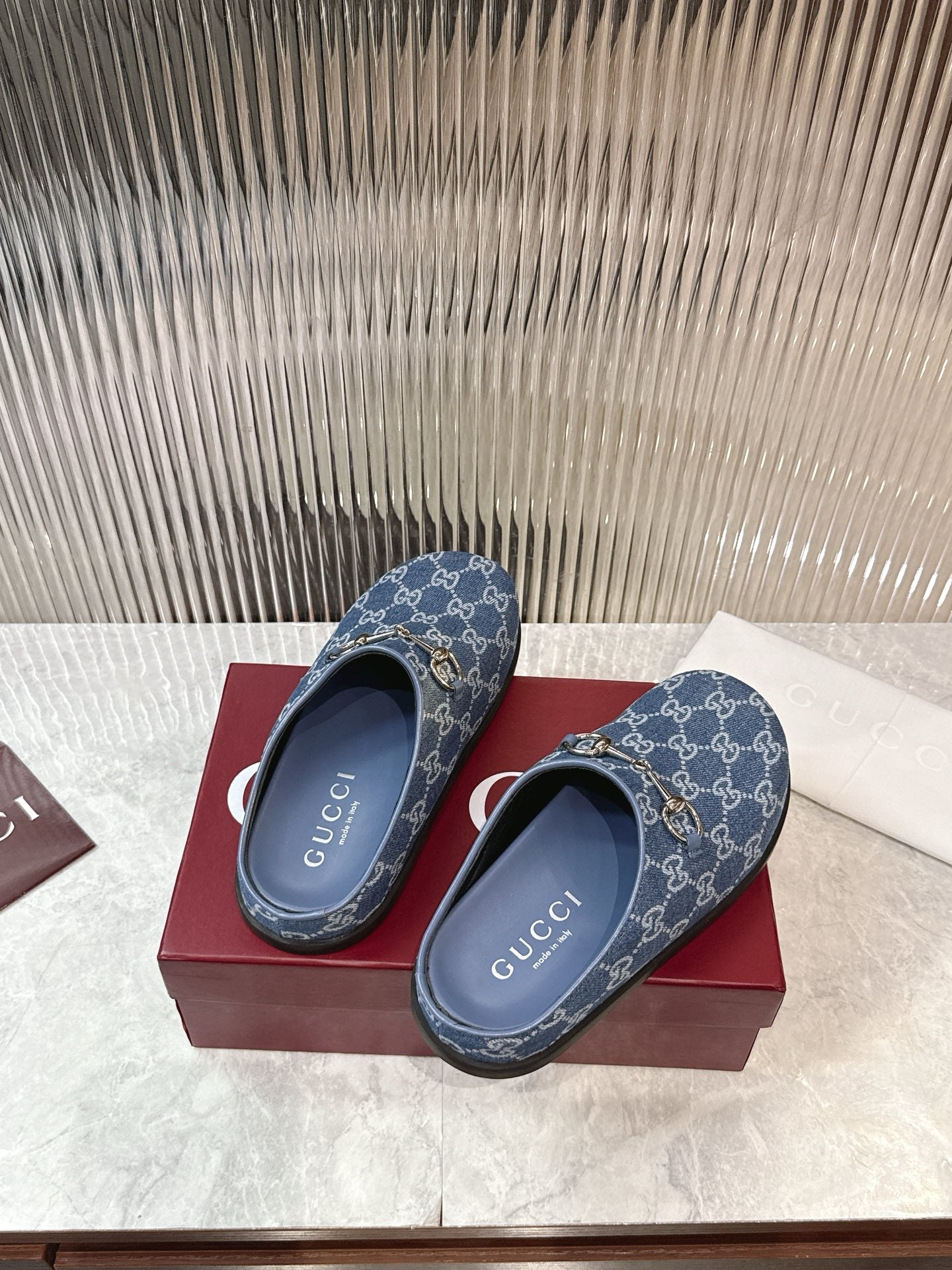 Horsebit Denim Mule – Blue GG Monogram Jacquard with Silver-Toned Hardware