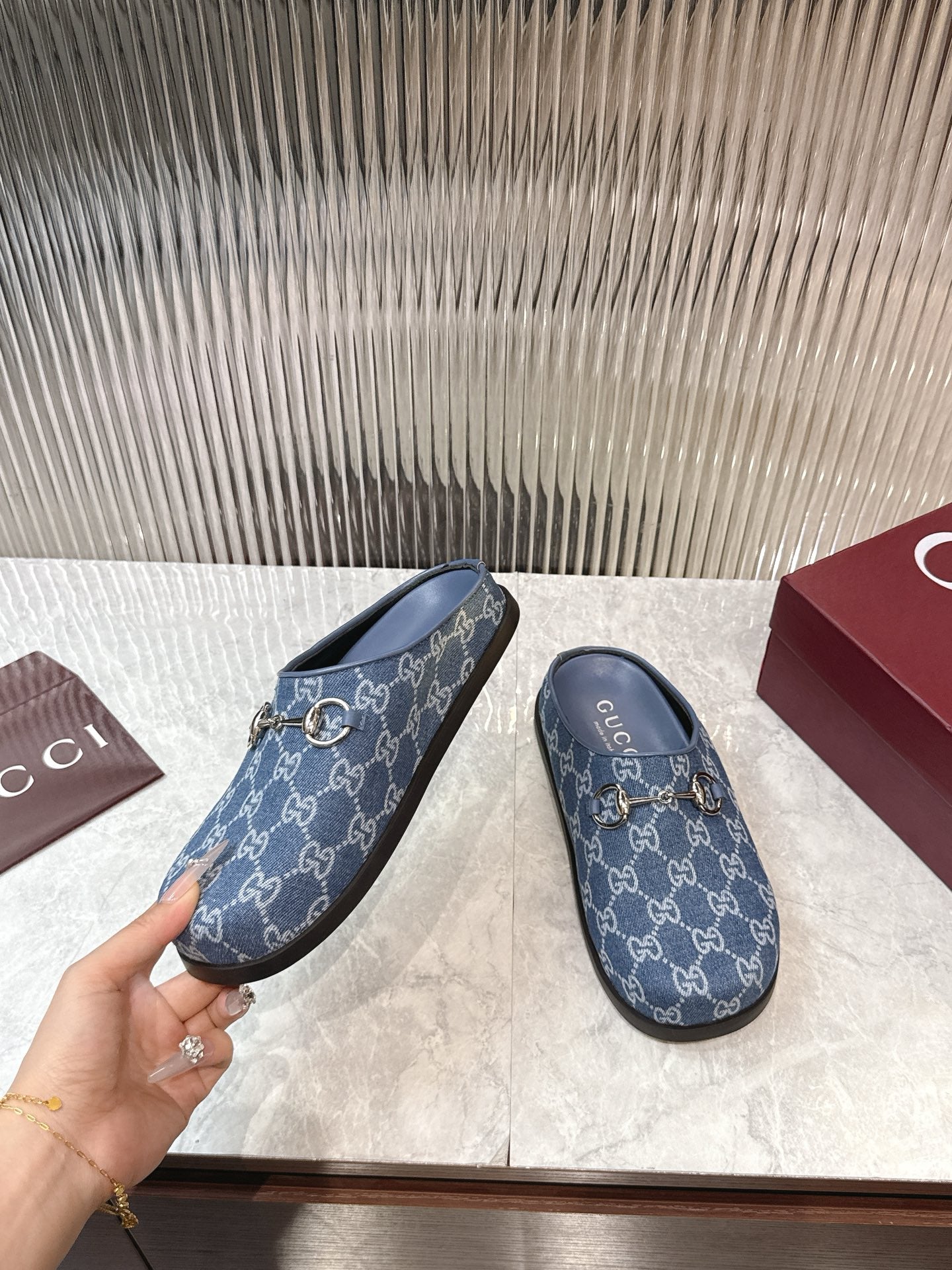 Horsebit Denim Mule – Blue GG Monogram Jacquard with Silver-Toned Hardware